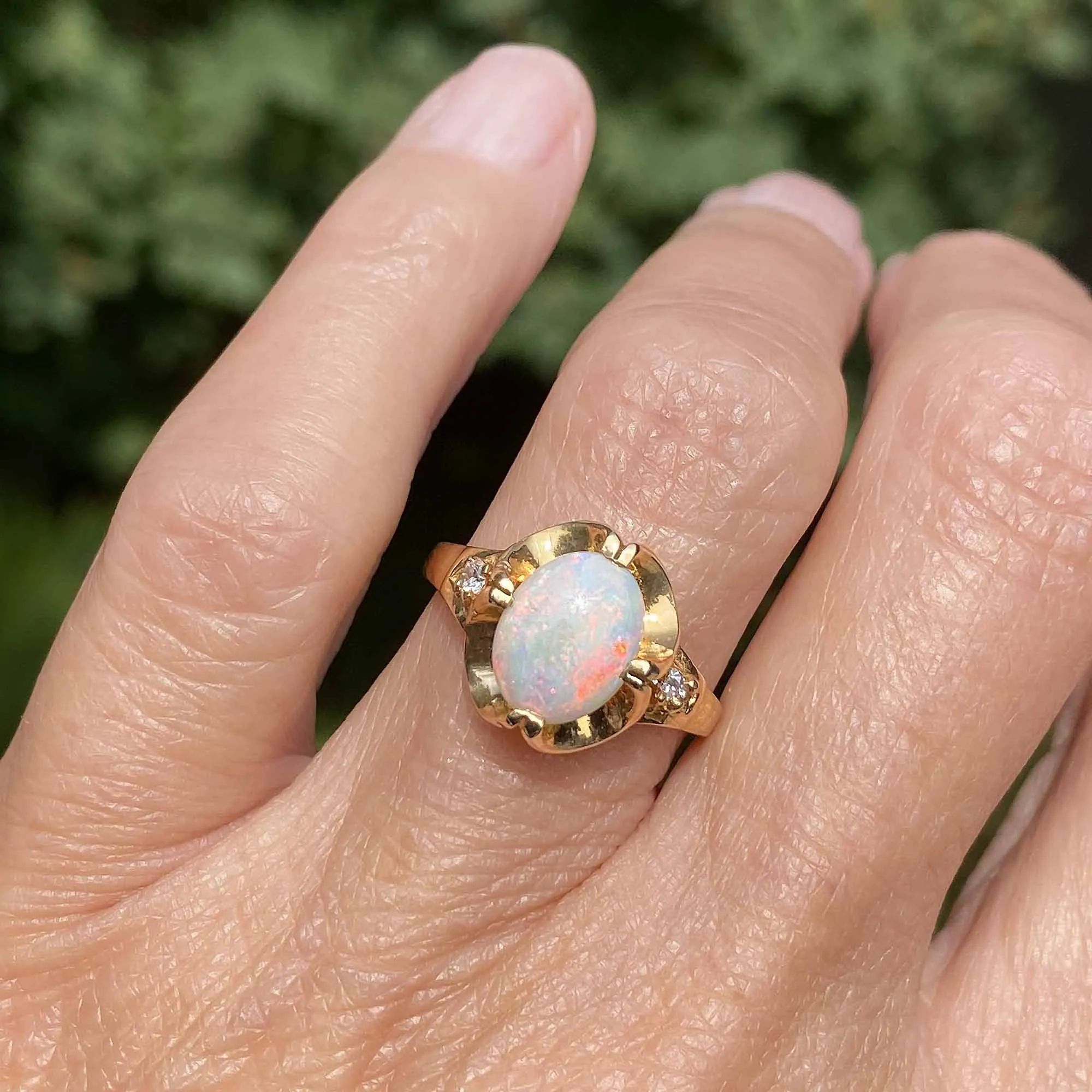 Fine 14K Gold Diamond Opal Cabochon Ring