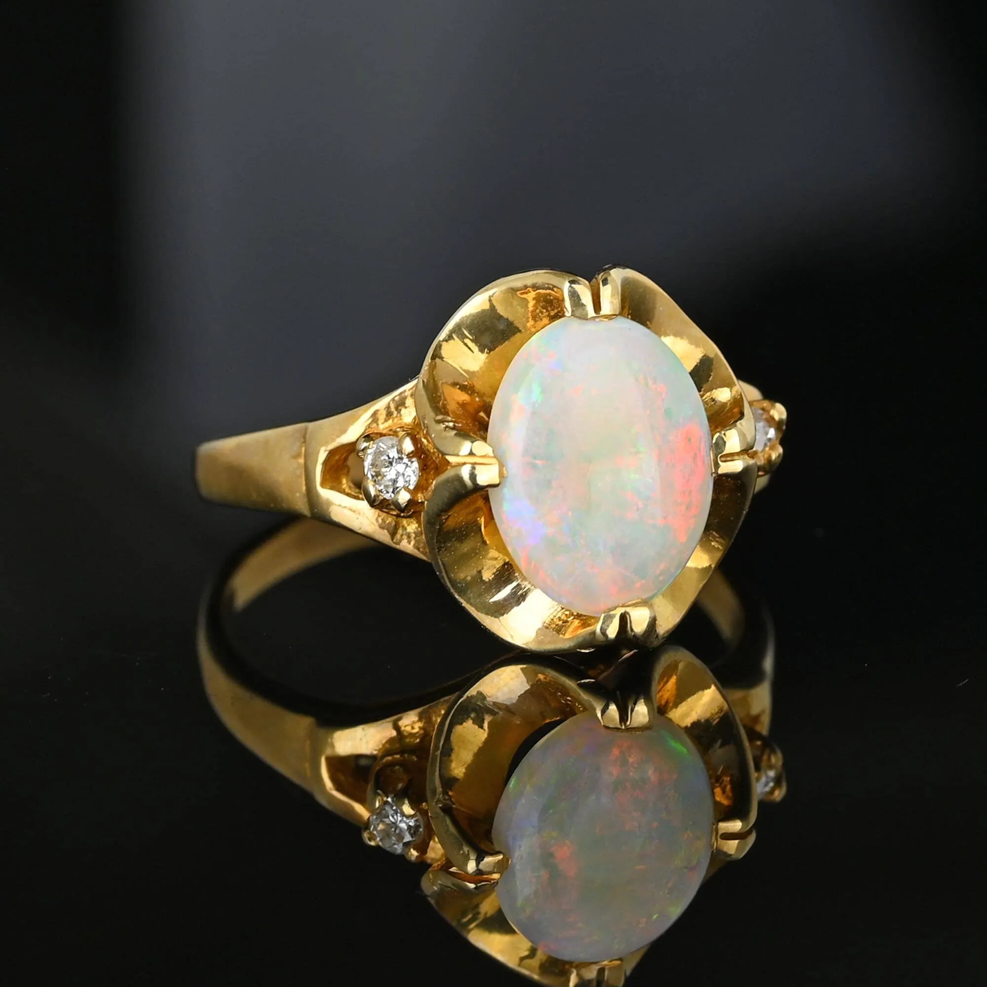 Fine 14K Gold Diamond Opal Cabochon Ring