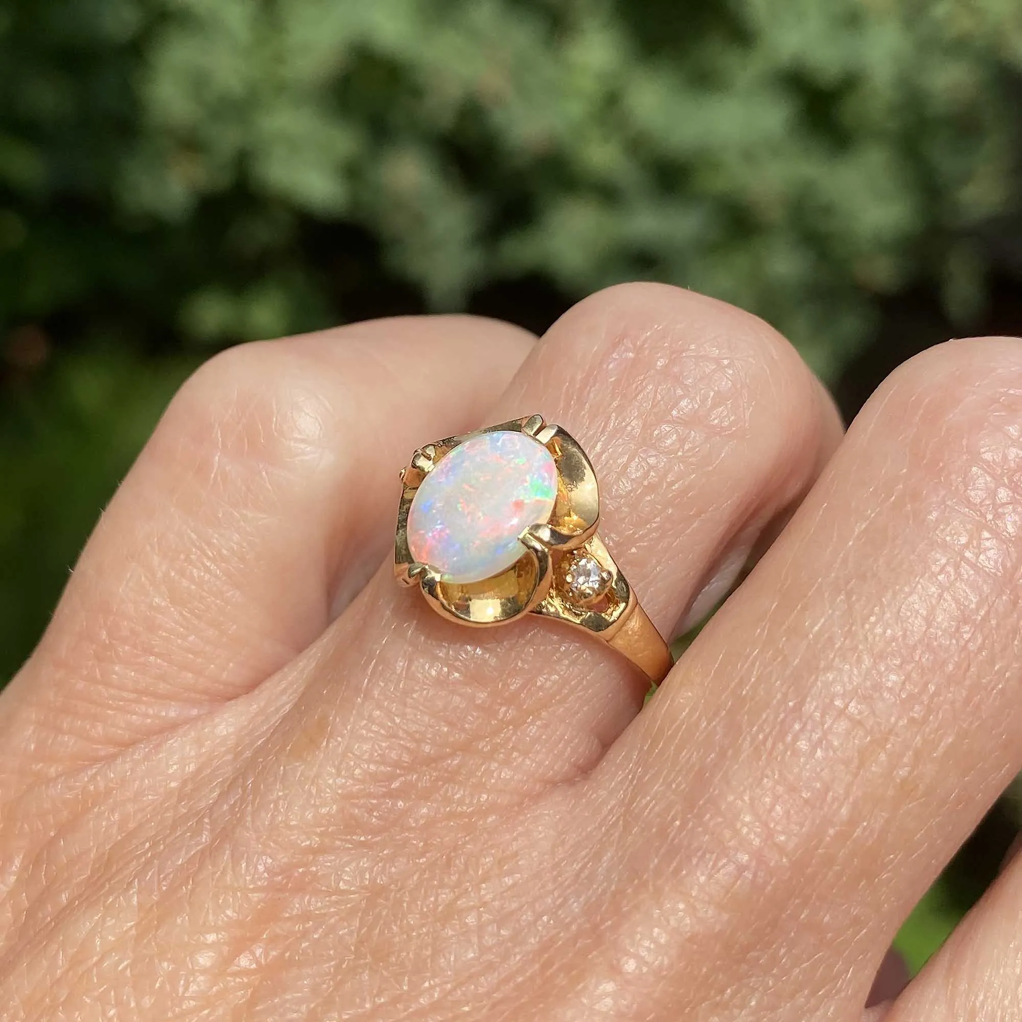 Fine 14K Gold Diamond Opal Cabochon Ring