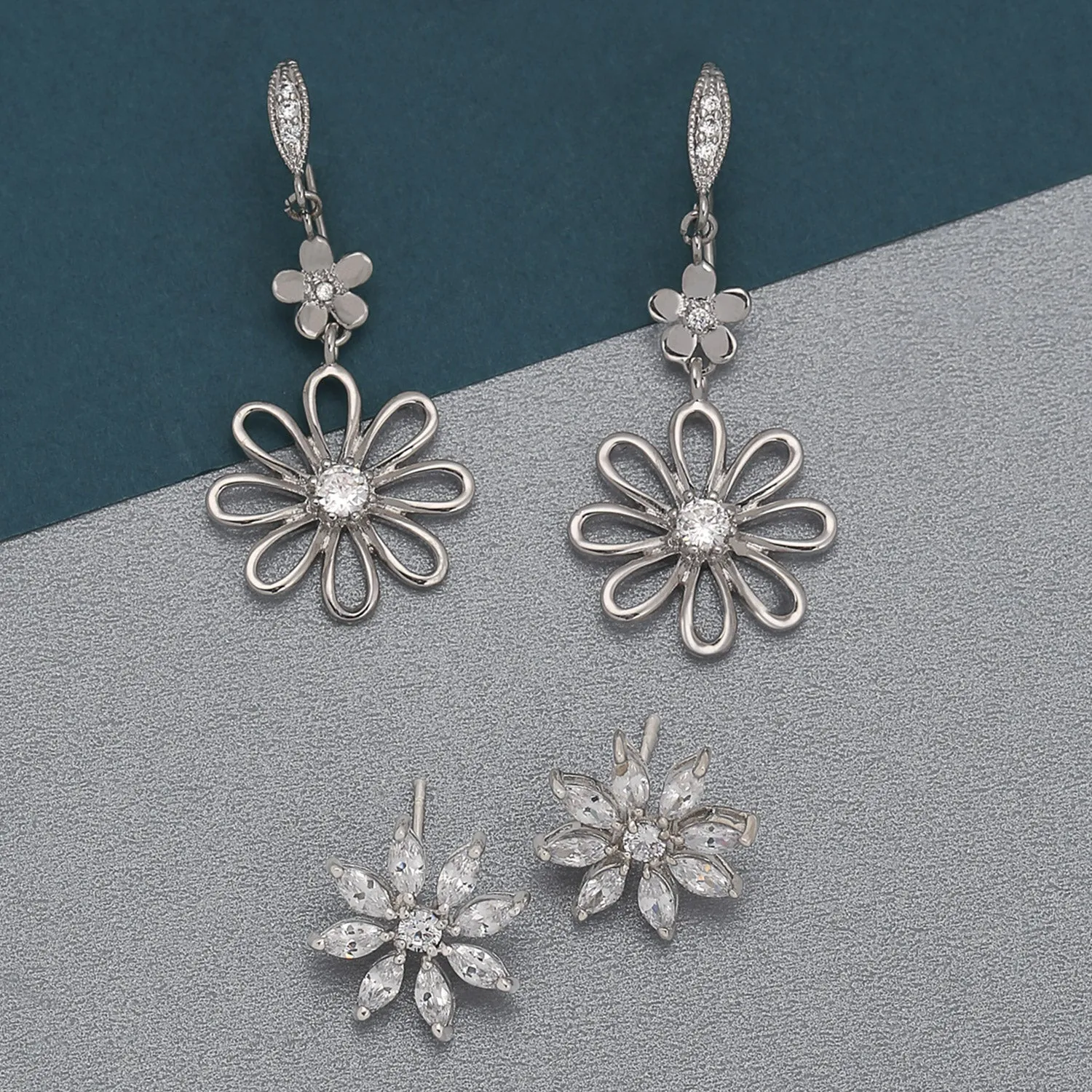 Floral Canary Yellow CZ Accent Flower Shape CZ Daisy Dangle Earrings Silver