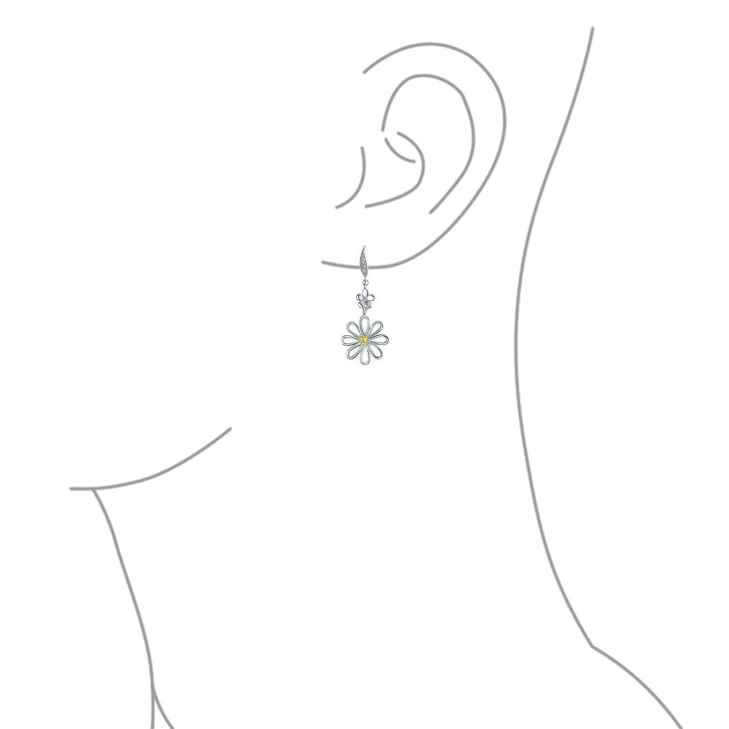 Floral Canary Yellow CZ Accent Flower Shape CZ Daisy Dangle Earrings Silver