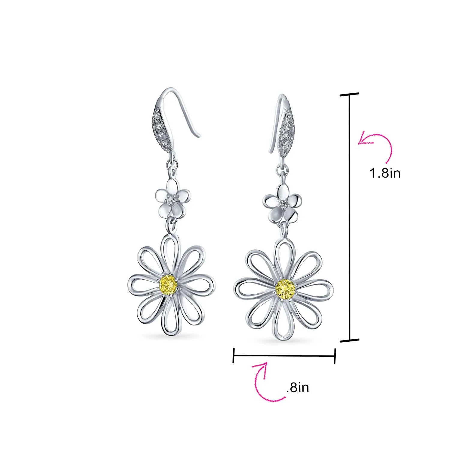 Floral Canary Yellow CZ Accent Flower Shape CZ Daisy Dangle Earrings Silver