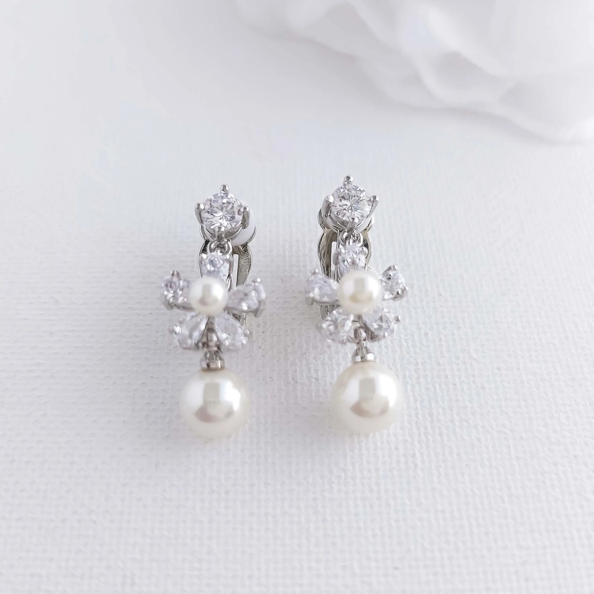 Floral Clip-on Earrings for Wedding with Pearls-Deb