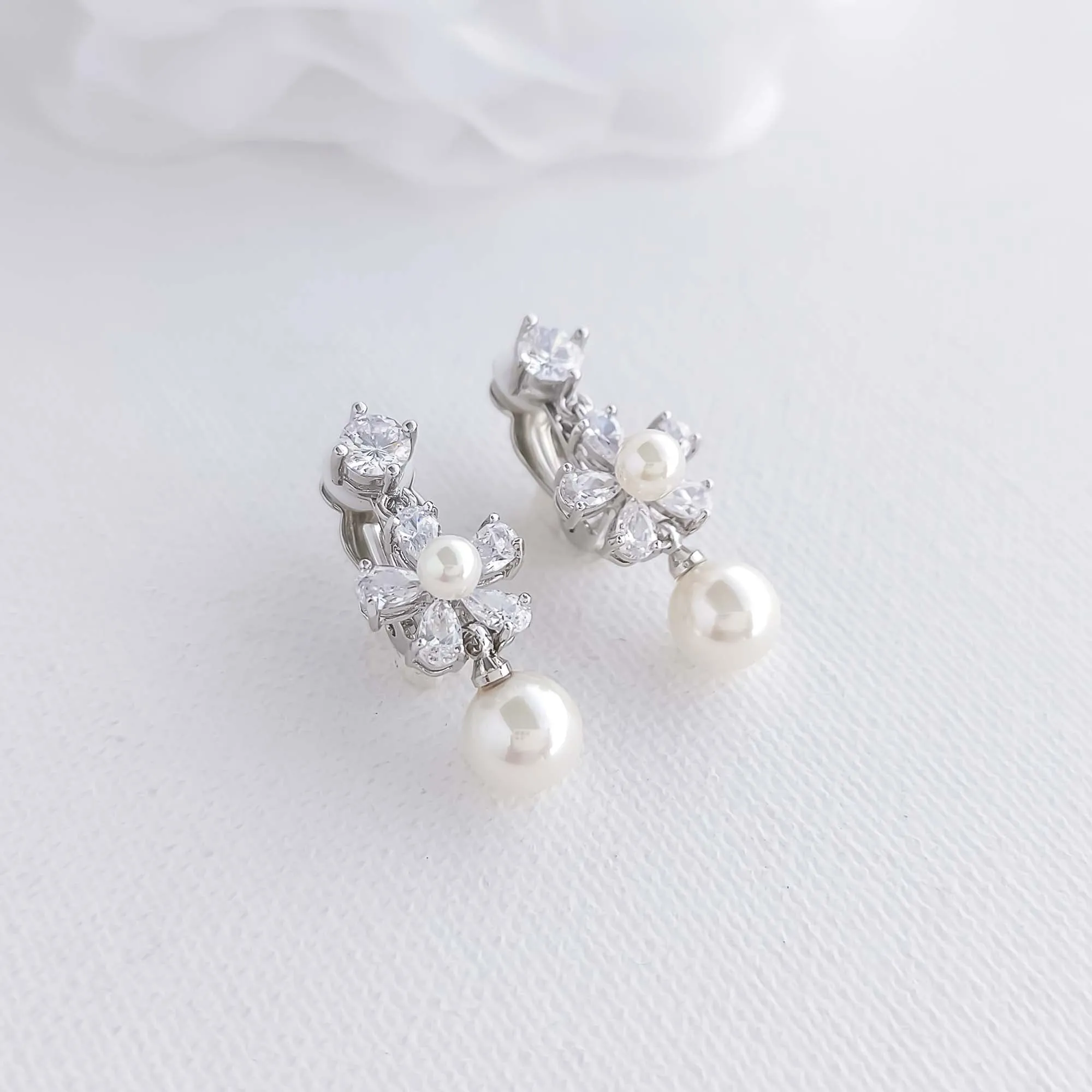 Floral Clip-on Earrings for Wedding with Pearls-Deb