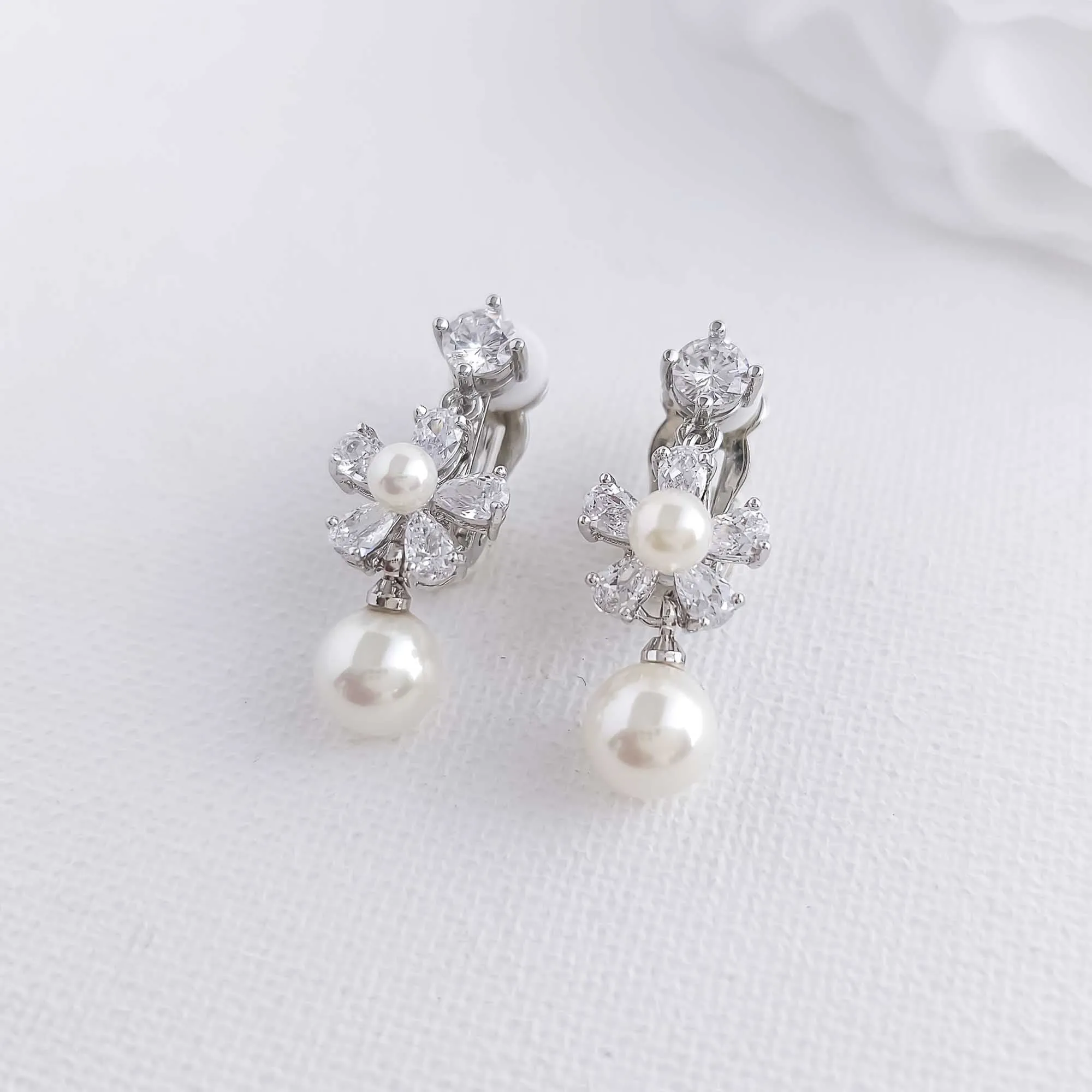 Floral Clip-on Earrings for Wedding with Pearls-Deb