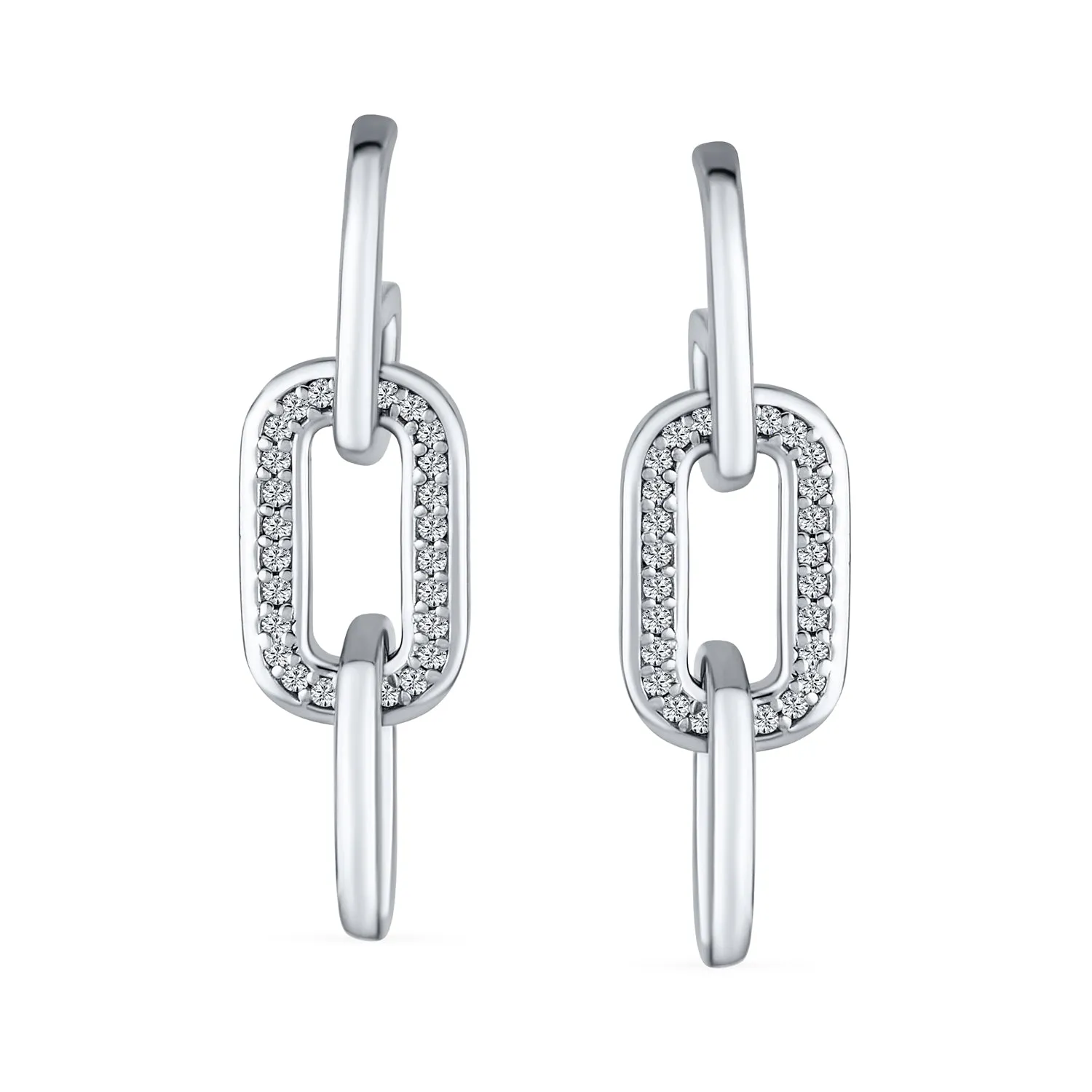 Geometric Dangle Rectangle Micro Pave 3 Chain Link Paperclip Earrings