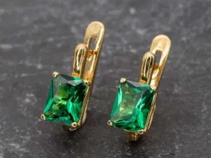 Gold Emerald Earrings - Dainty Green Earrings, Square Emerald Earrings