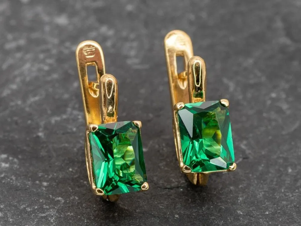 Gold Emerald Earrings - Dainty Green Earrings, Square Emerald Earrings