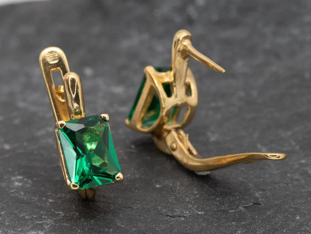 Gold Emerald Earrings - Dainty Green Earrings, Square Emerald Earrings