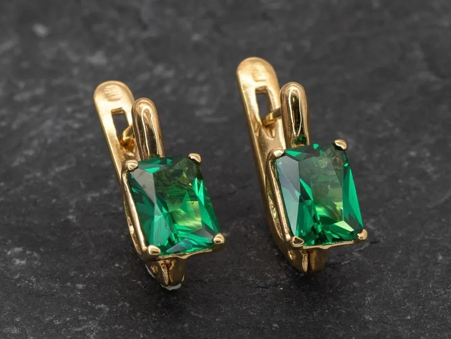 Gold Emerald Earrings - Dainty Green Earrings, Square Emerald Earrings