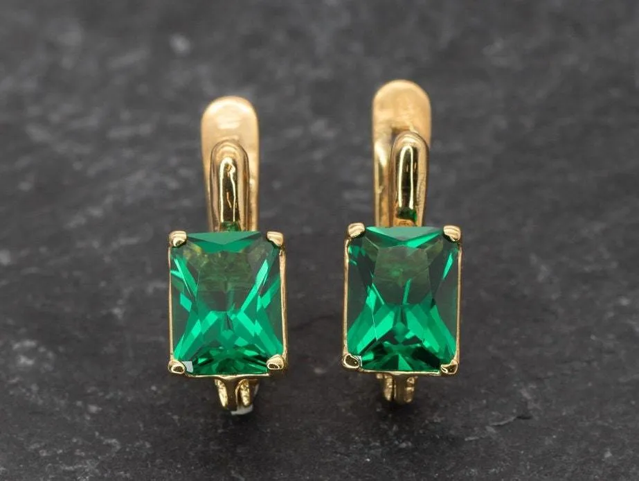 Gold Emerald Earrings - Dainty Green Earrings, Square Emerald Earrings