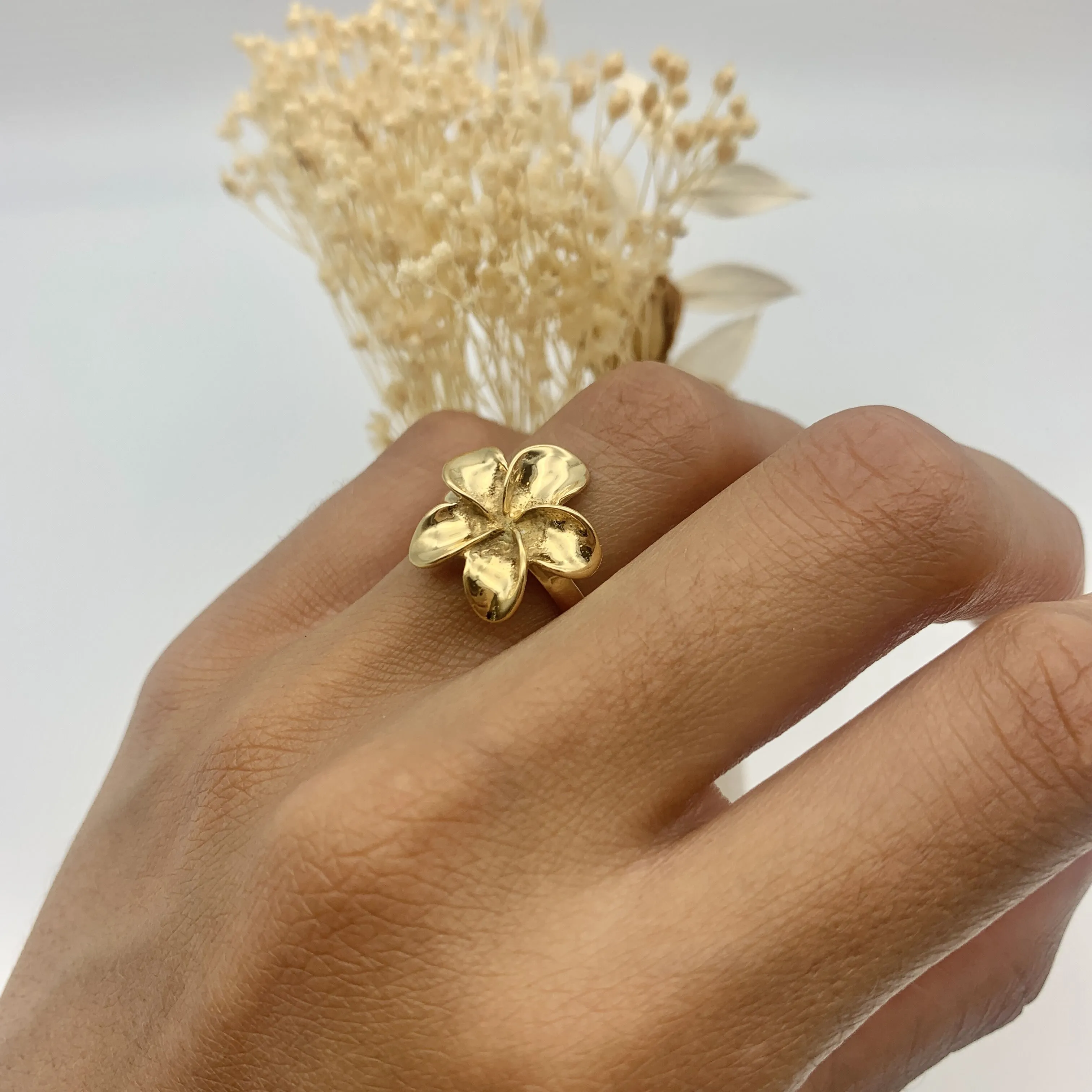 Gold Flower Ring - Large Plumeria Ring - Statement Hawaiian Ring