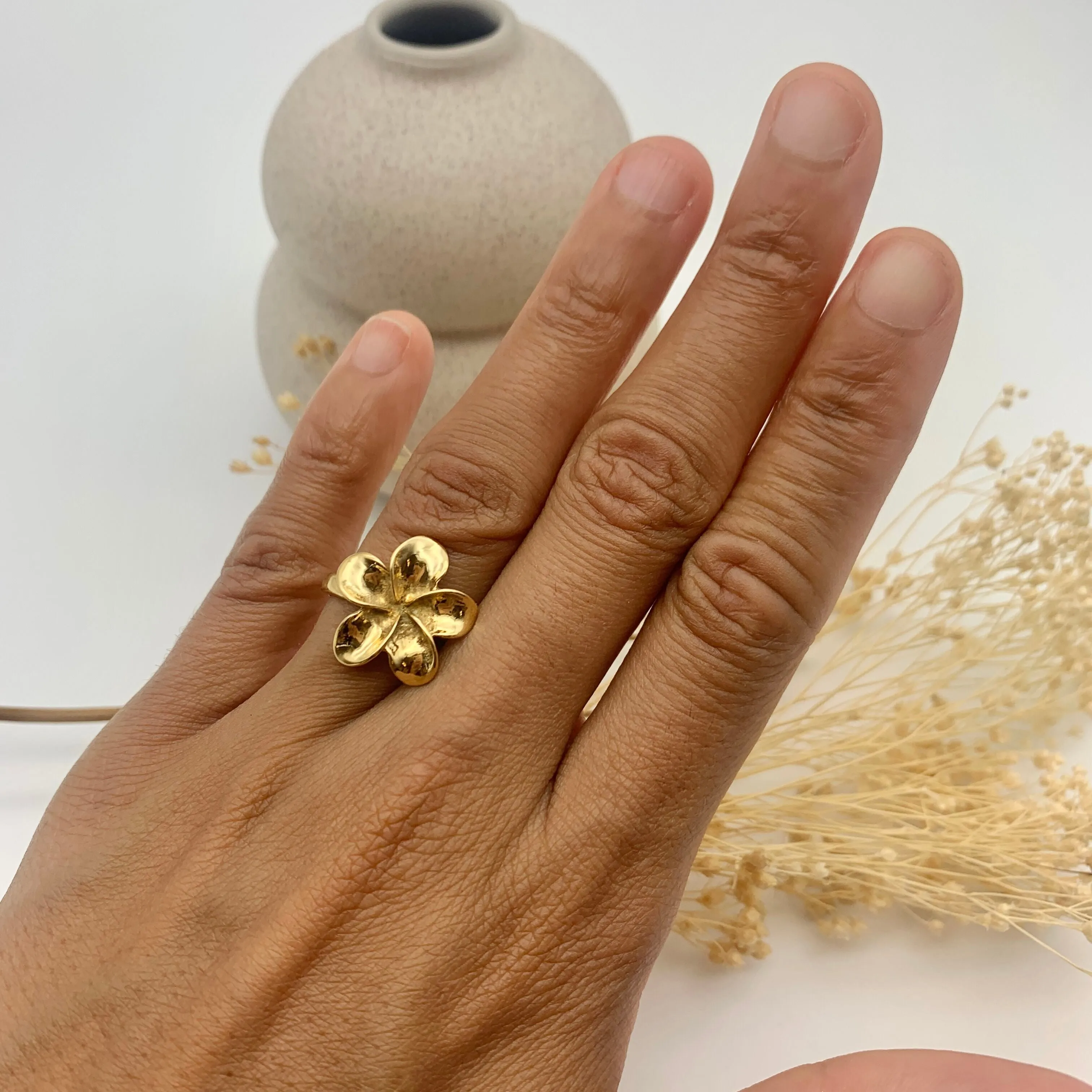 Gold Flower Ring - Large Plumeria Ring - Statement Hawaiian Ring