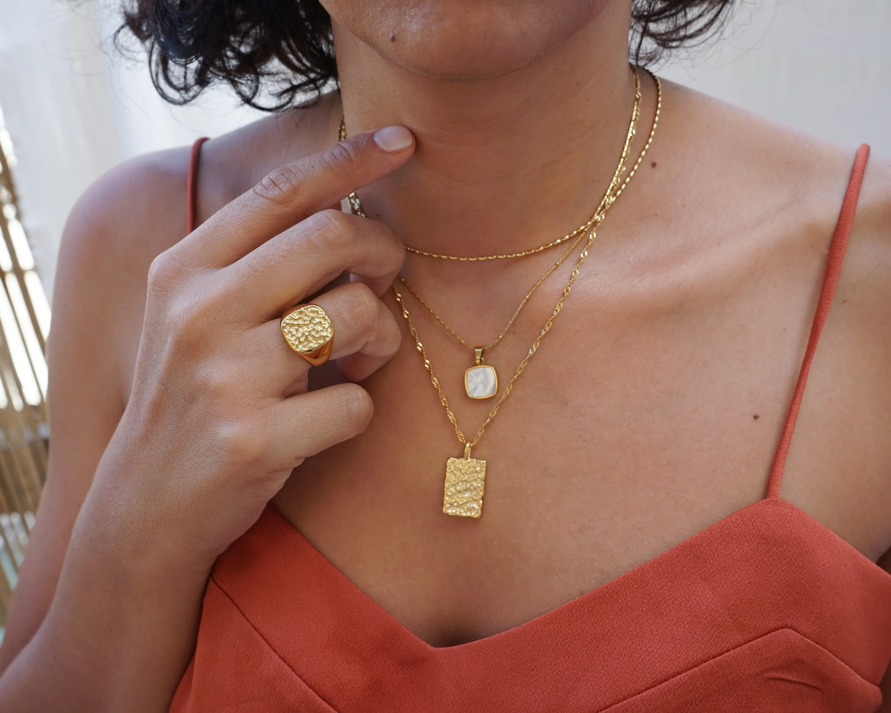 Gold Hammered Geometric Signet Ring