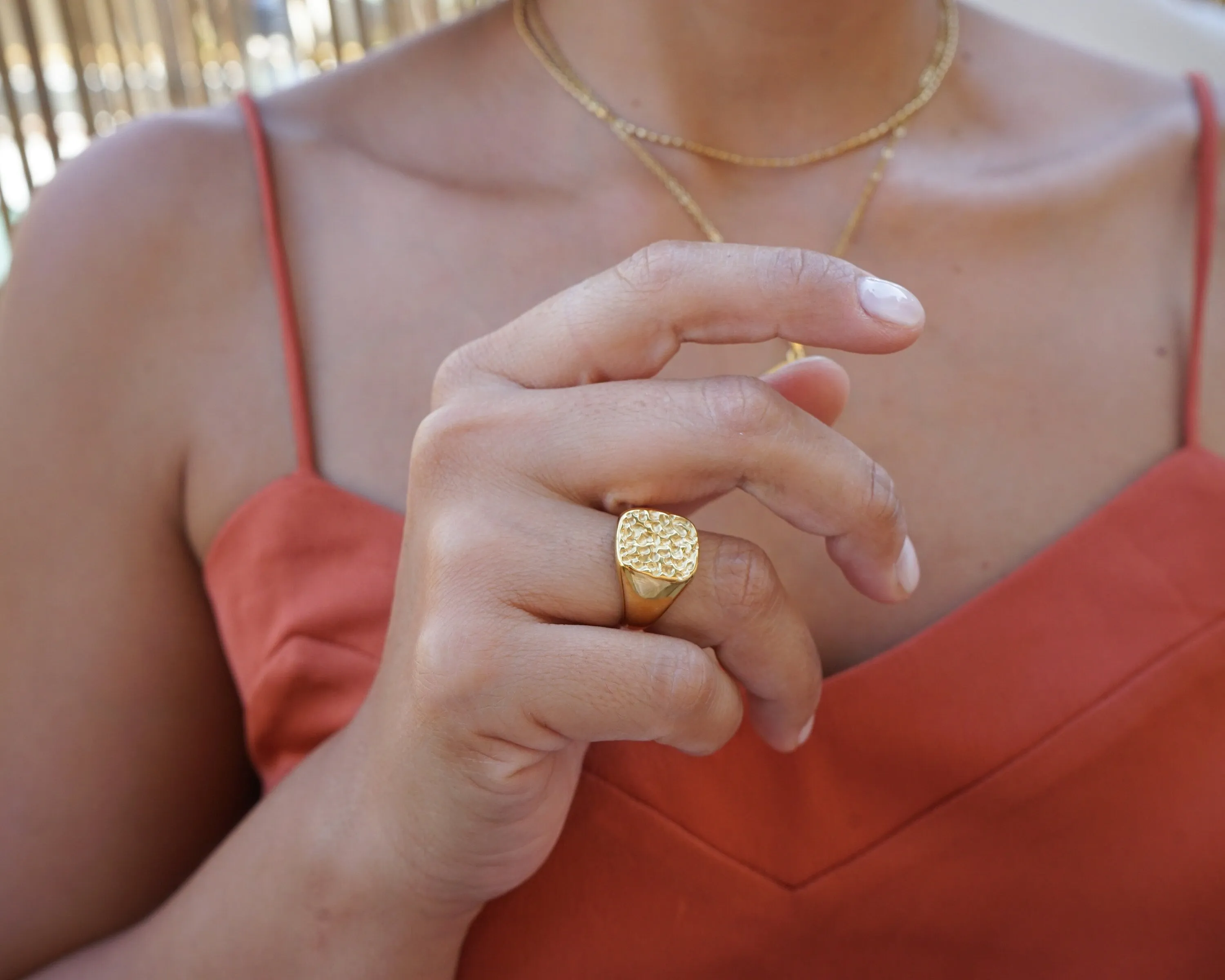 Gold Hammered Geometric Signet Ring