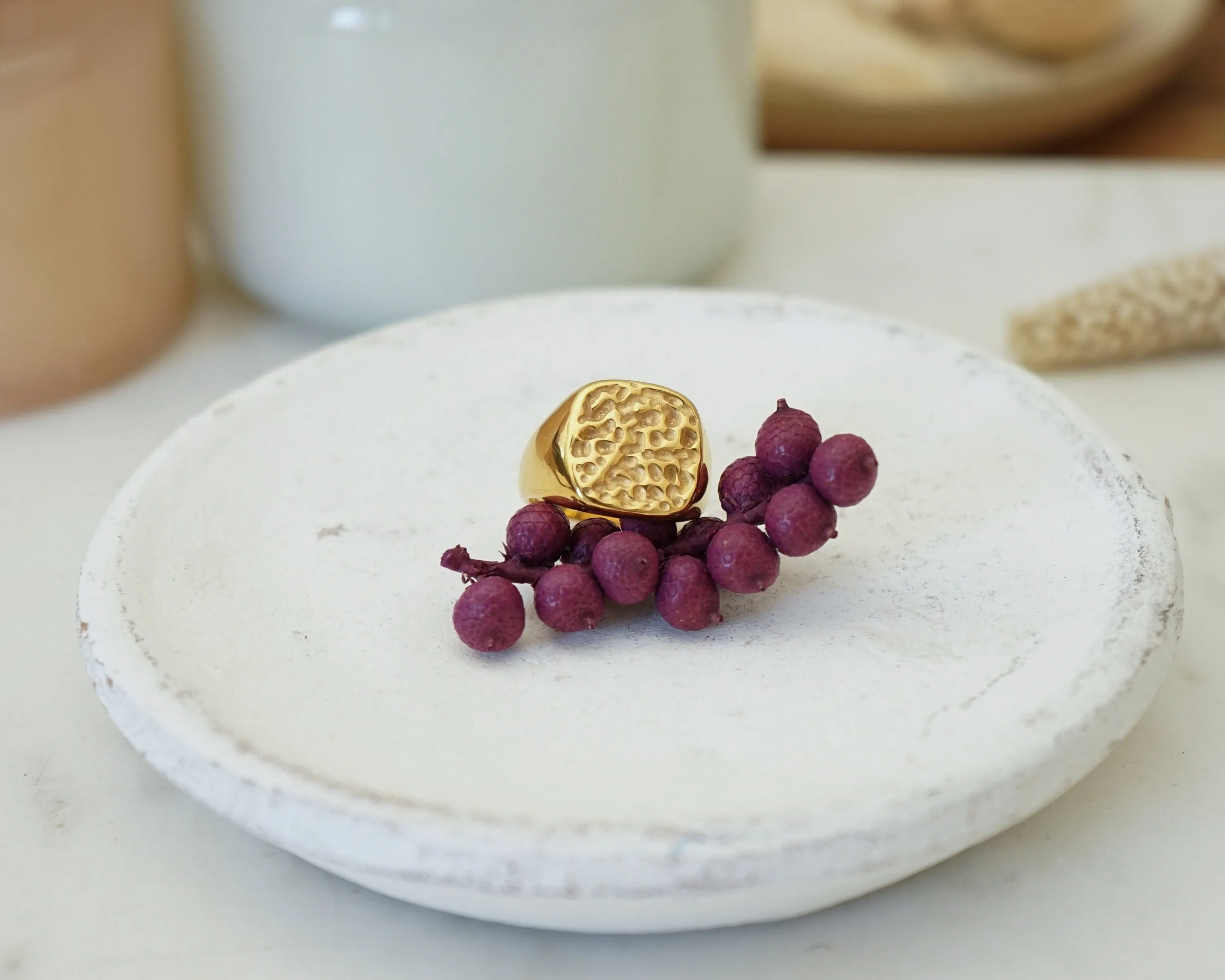 Gold Hammered Geometric Signet Ring