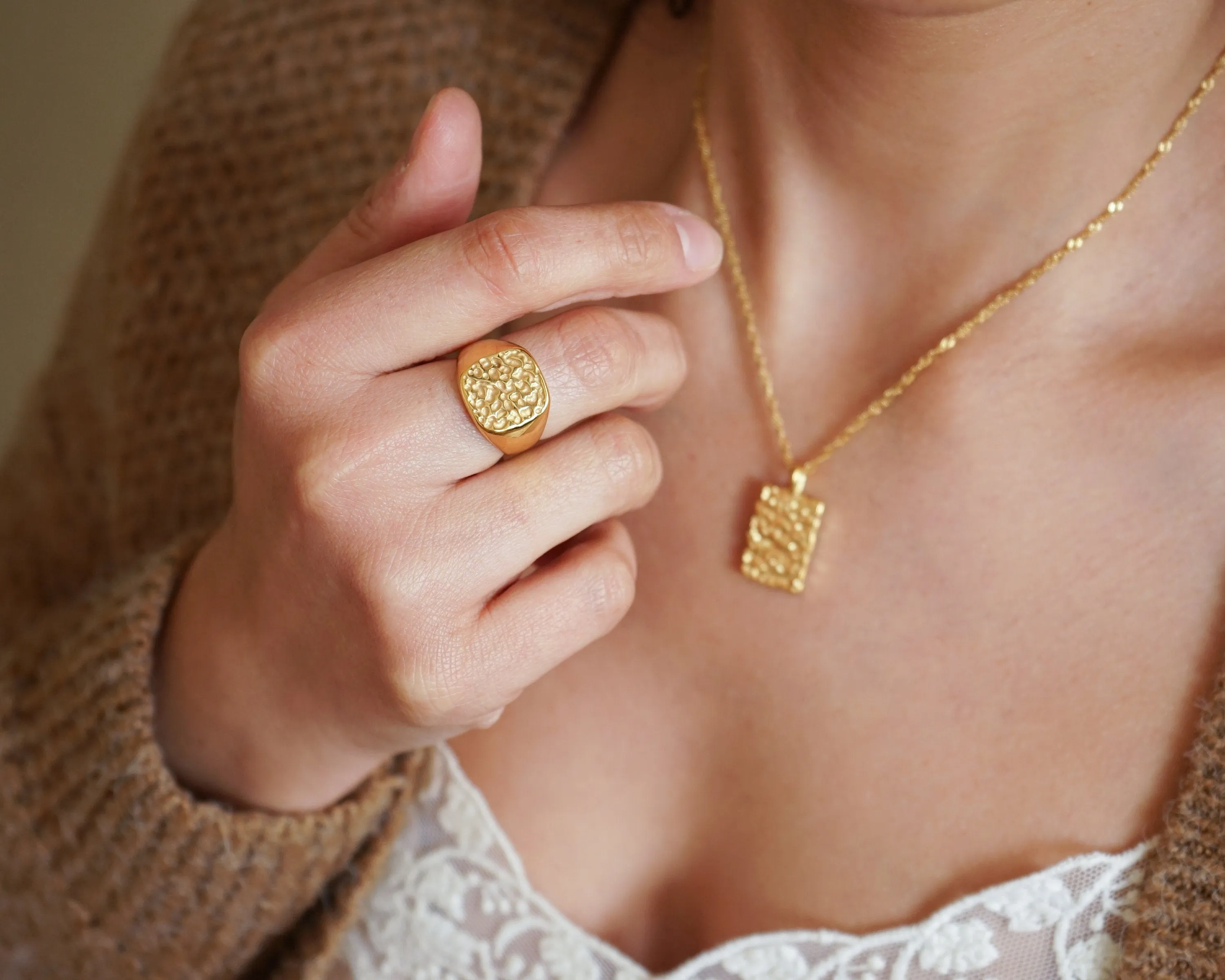 Gold Hammered Geometric Signet Ring