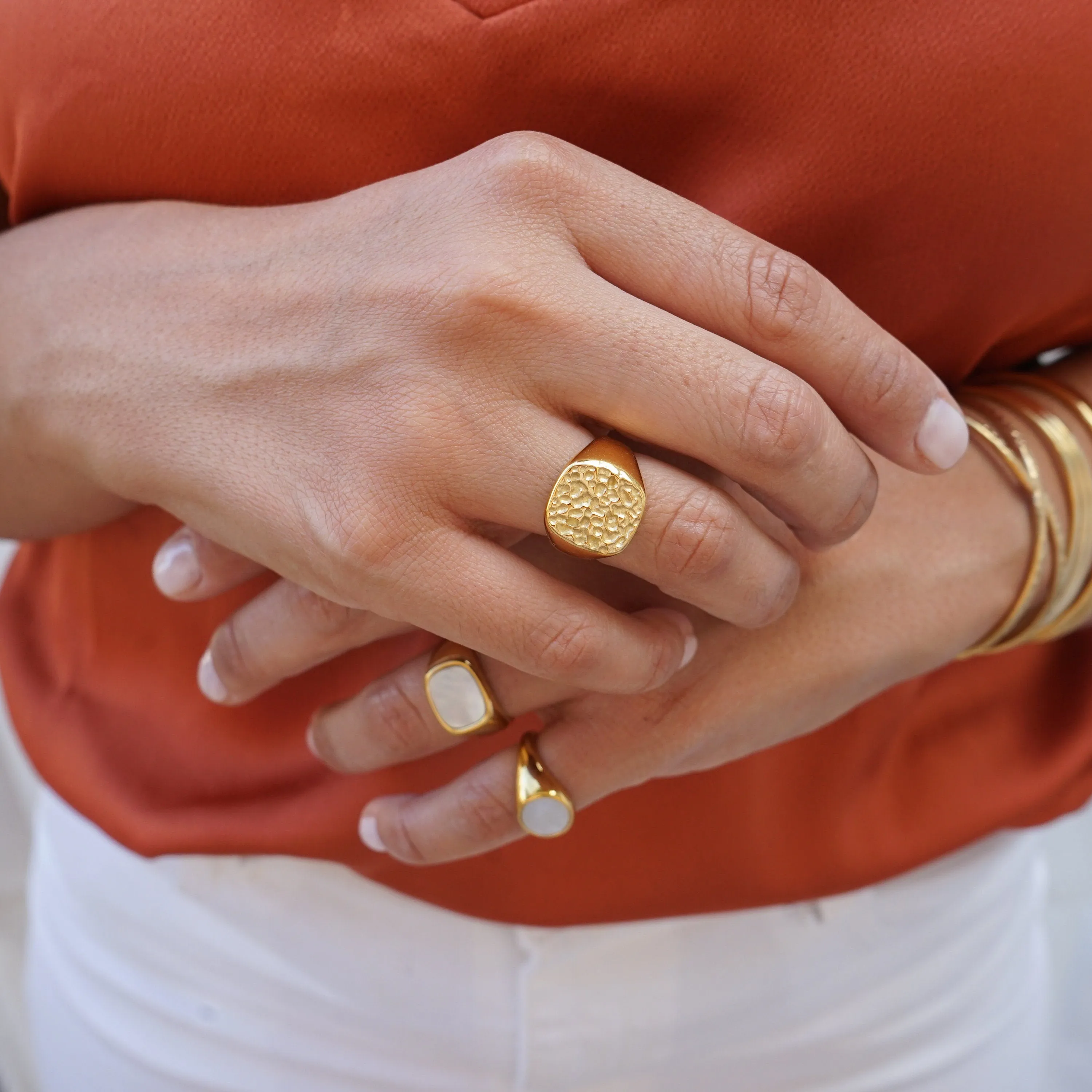 Gold Hammered Geometric Signet Ring