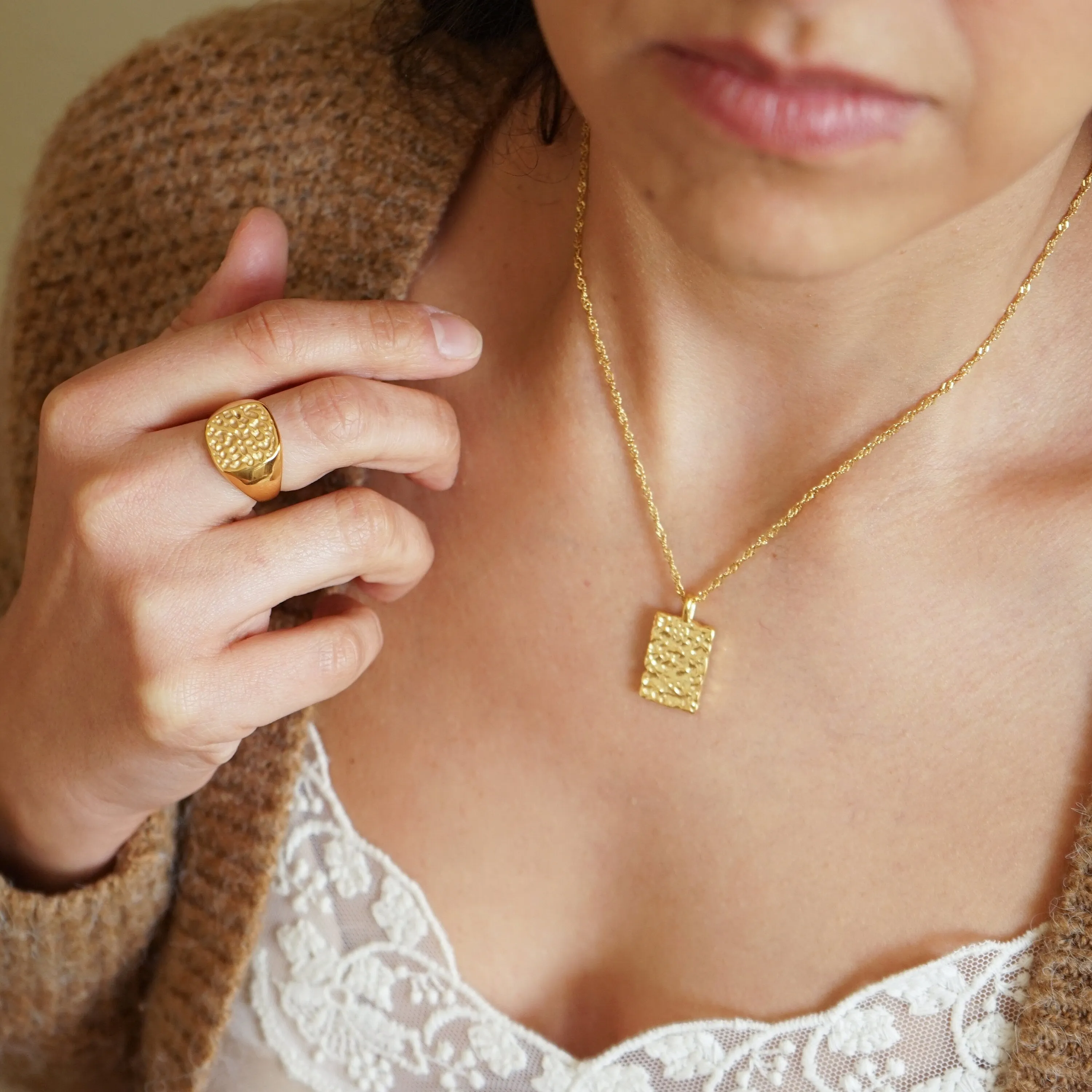 Gold Hammered Geometric Signet Ring