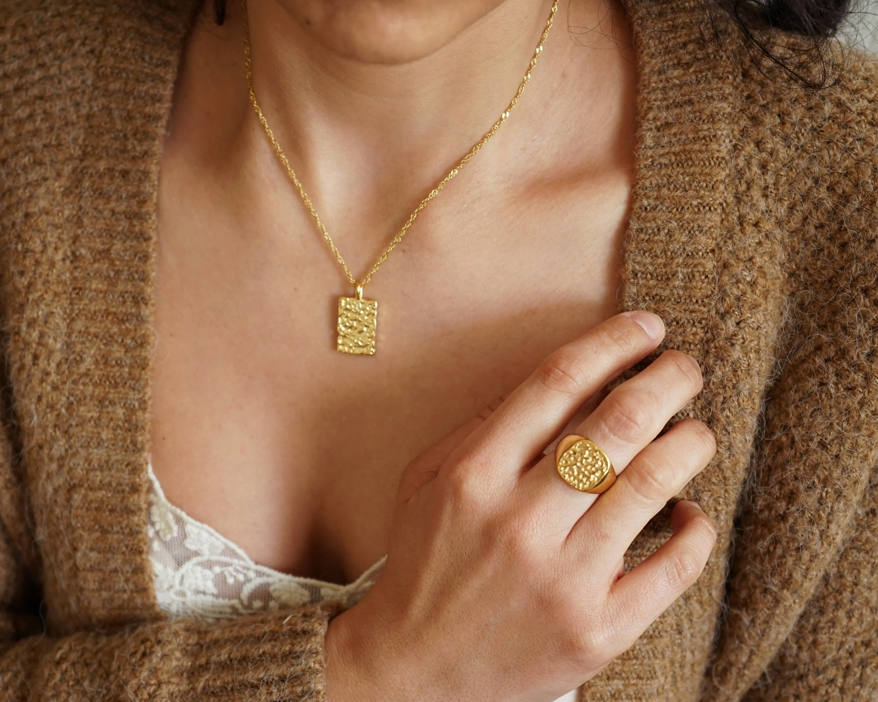 Gold Hammered Geometric Signet Ring