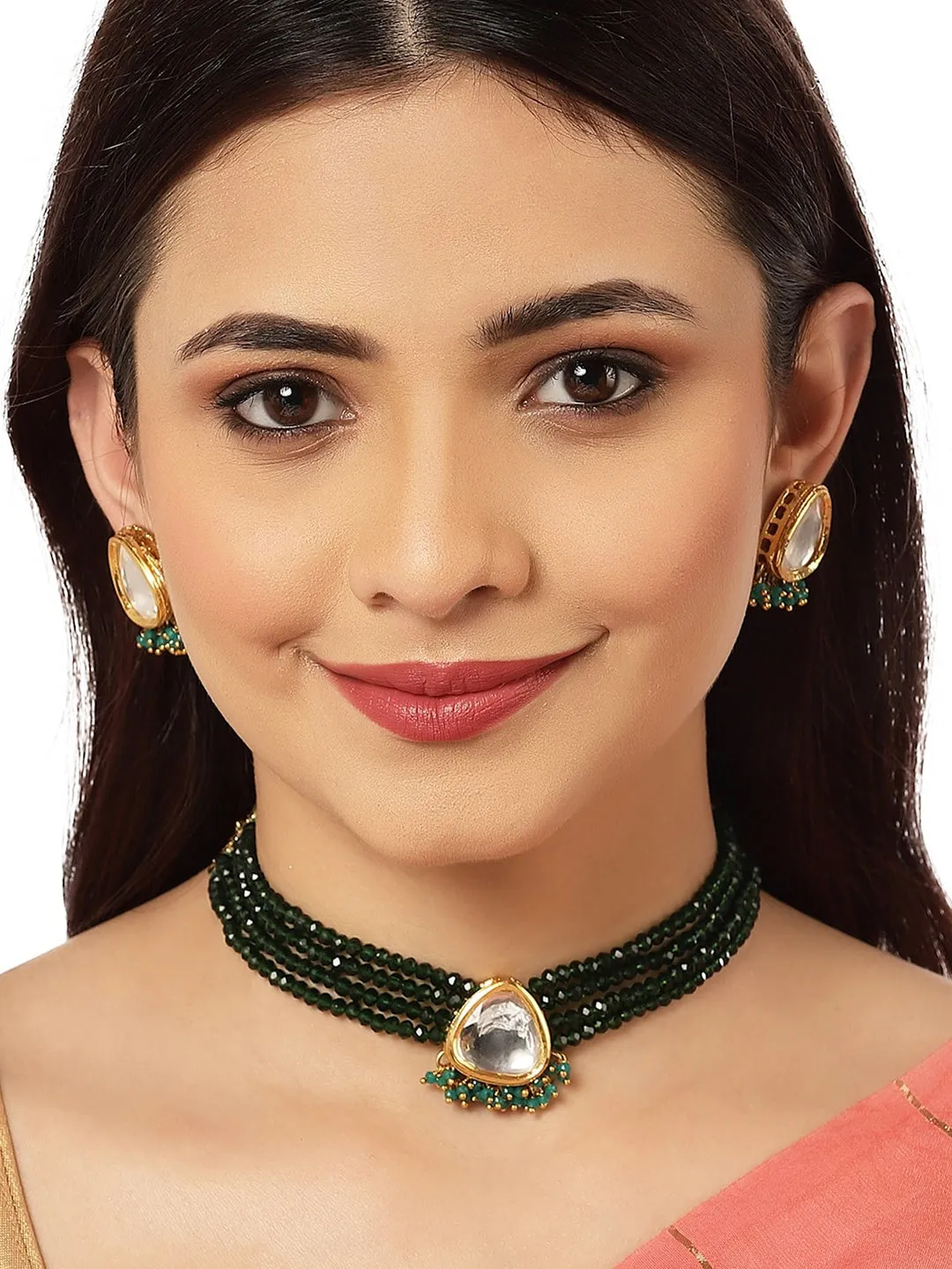 Gold-Plated Green Crystal Polki Kundan Studded Choker Necklace set