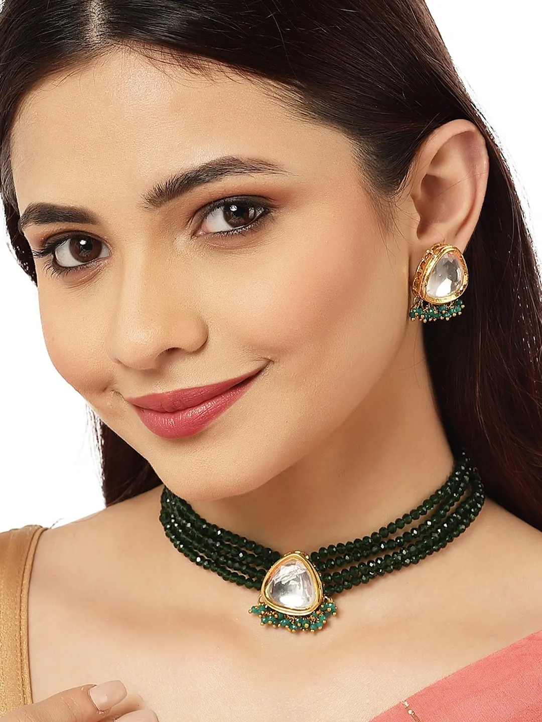 Gold-Plated Green Crystal Polki Kundan Studded Choker Necklace set