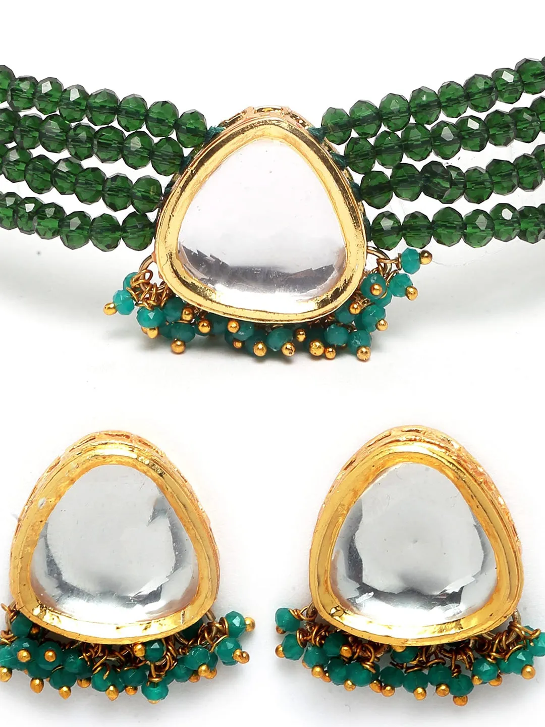 Gold-Plated Green Crystal Polki Kundan Studded Choker Necklace set