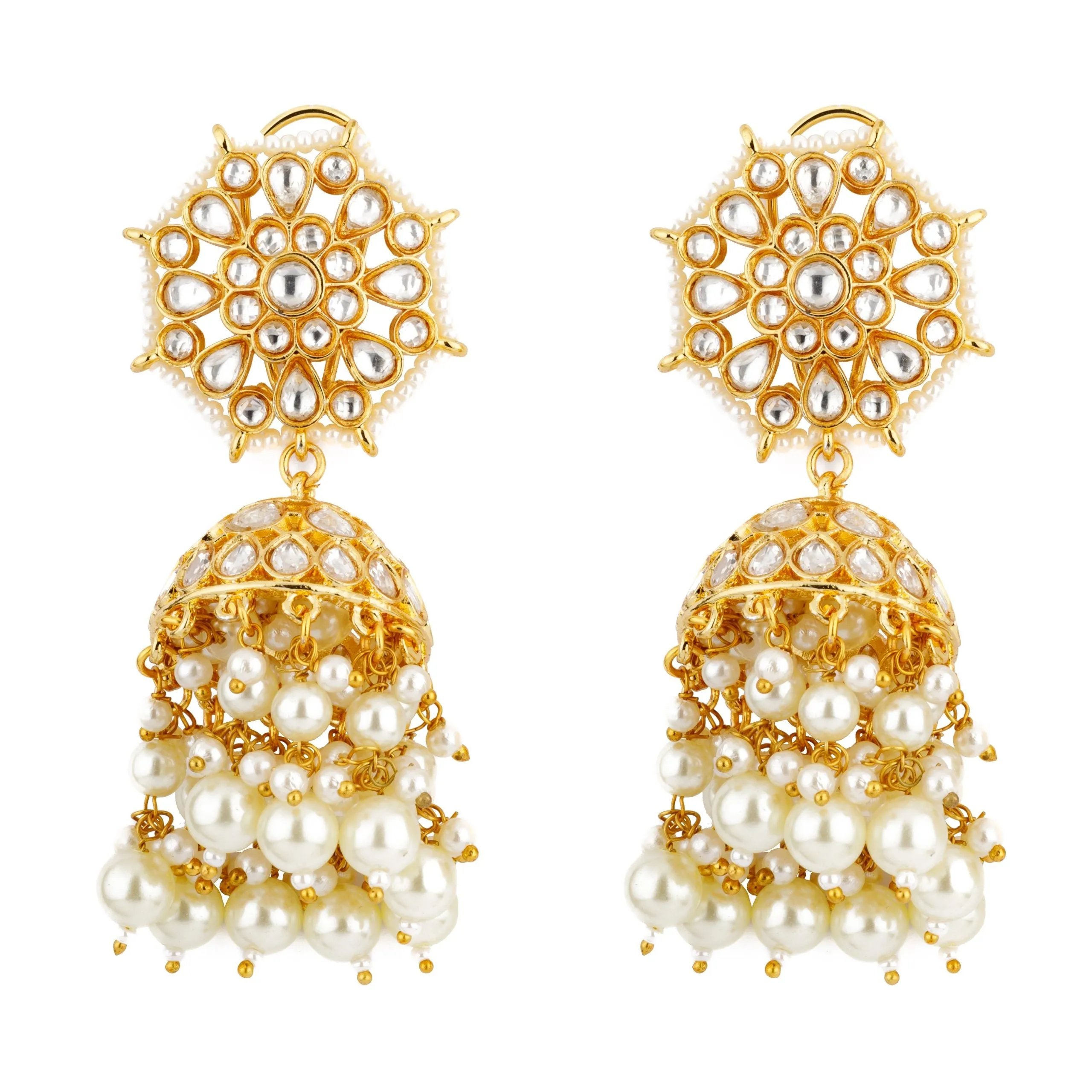 Gold Plated Kundan and Pearls Drop Jhumka Earrings