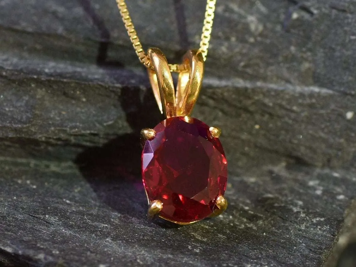 Gold Ruby Pendant -  Red Oval Necklace, Red Ruby Pendant