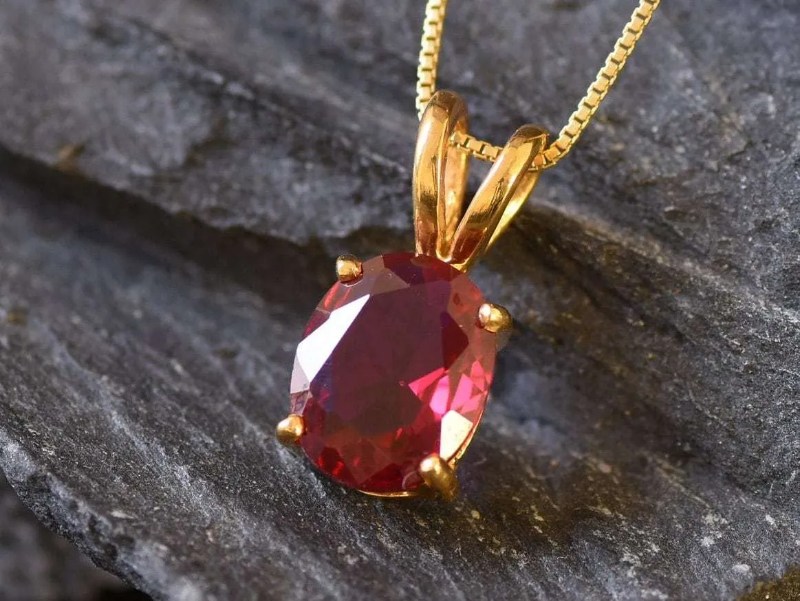 Gold Ruby Pendant -  Red Oval Necklace, Red Ruby Pendant