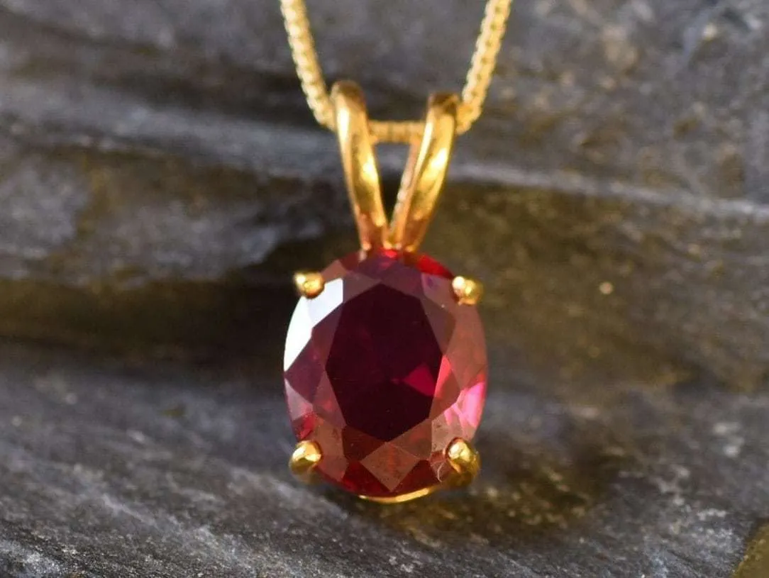 Gold Ruby Pendant -  Red Oval Necklace, Red Ruby Pendant