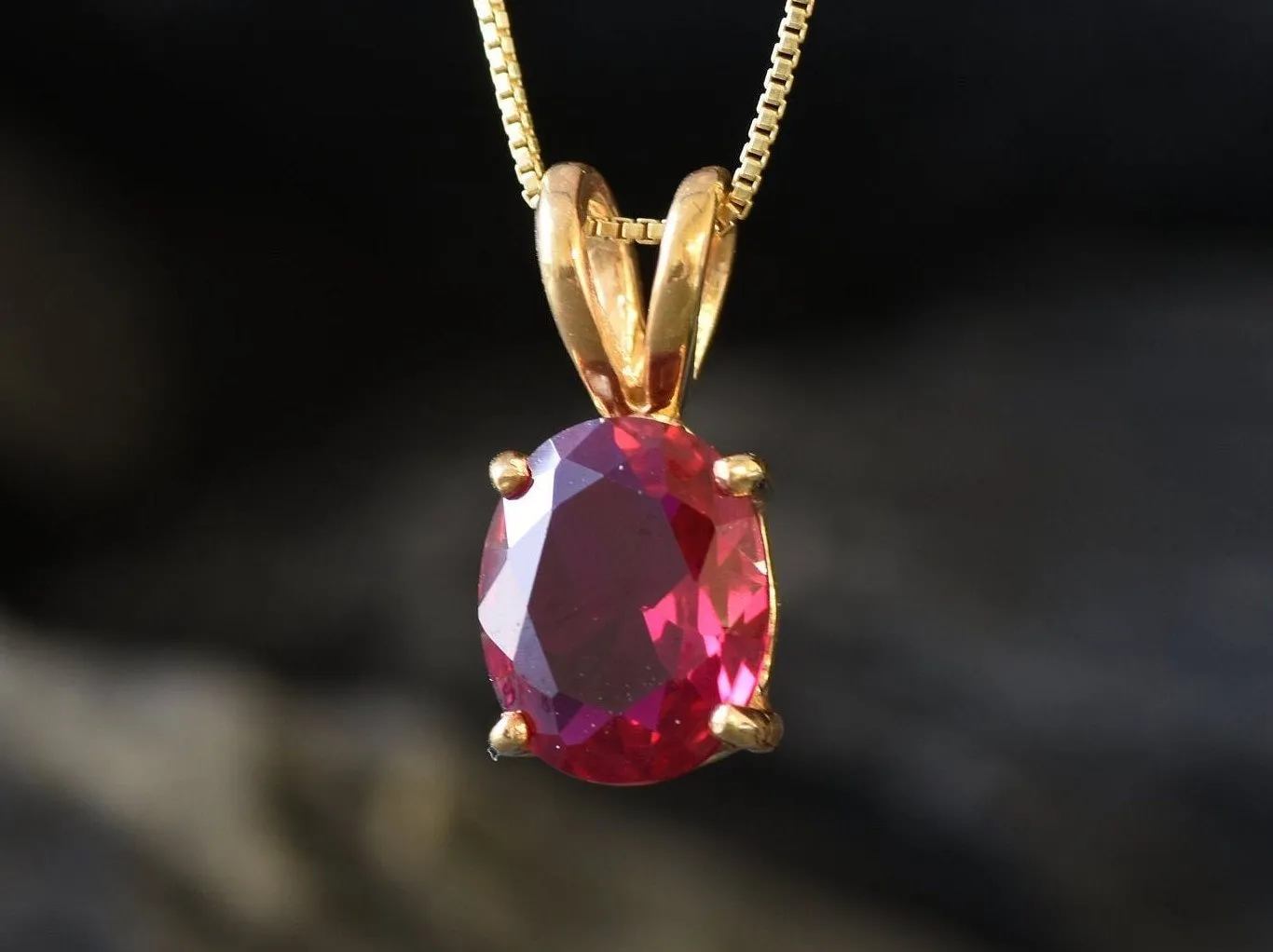 Gold Ruby Pendant -  Red Oval Necklace, Red Ruby Pendant