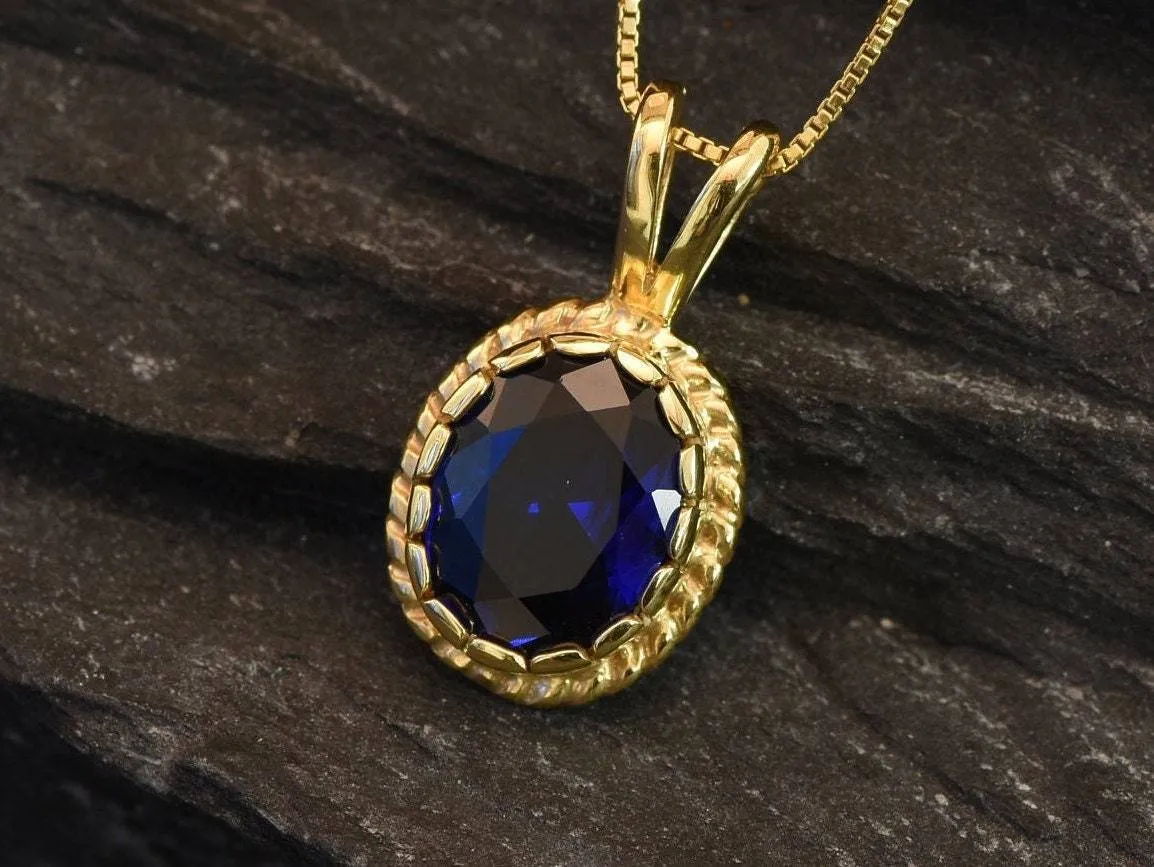 Gold Sapphire Pendant - Vintage Sapphire Necklace, Blue Oval Pendant