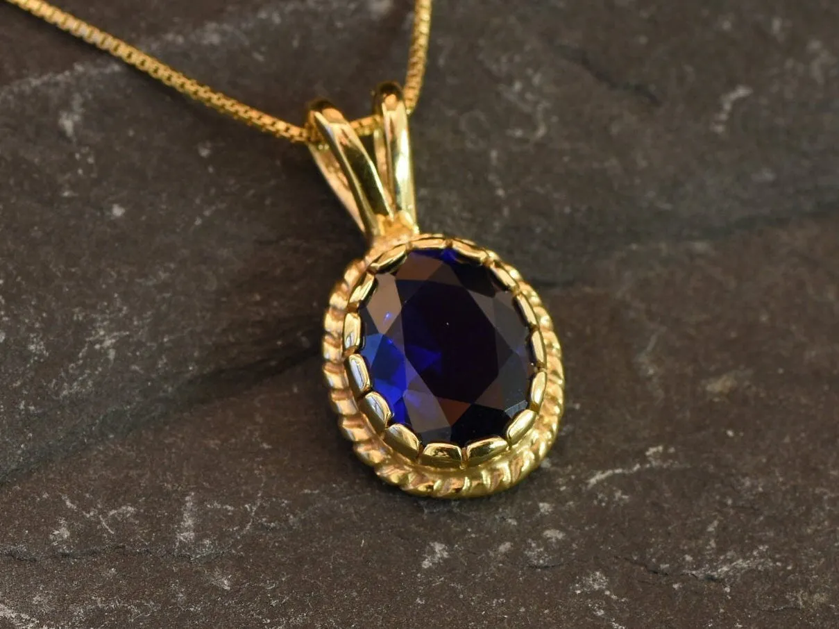 Gold Sapphire Pendant - Vintage Sapphire Necklace, Blue Oval Pendant