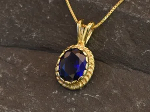 Gold Sapphire Pendant - Vintage Sapphire Necklace, Blue Oval Pendant