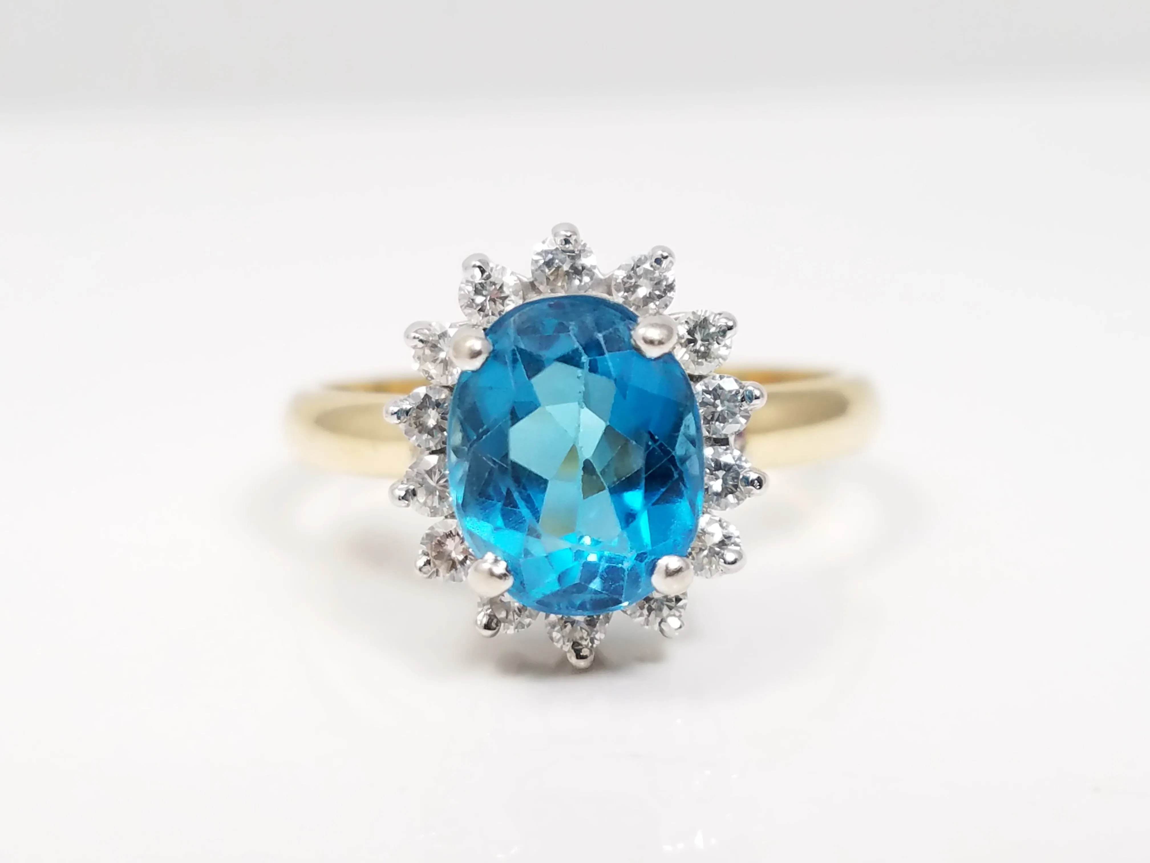 Gorgeous 2ct Natural Blue Topaz Diamond Halo Ring in 14k Yellow Gold