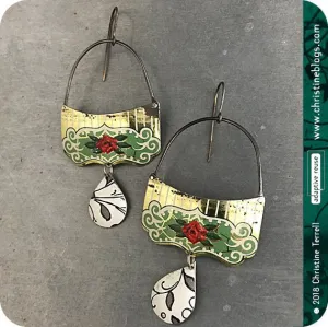 Green & Golden Filigree Red Rose Upcycled Tin Victorian Earrings