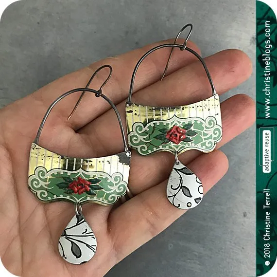 Green & Golden Filigree Red Rose Upcycled Tin Victorian Earrings