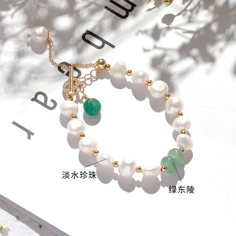 Green Aventurine and Freshwater Pearl Sterling Silver Bracelet in Korean Fashion Style