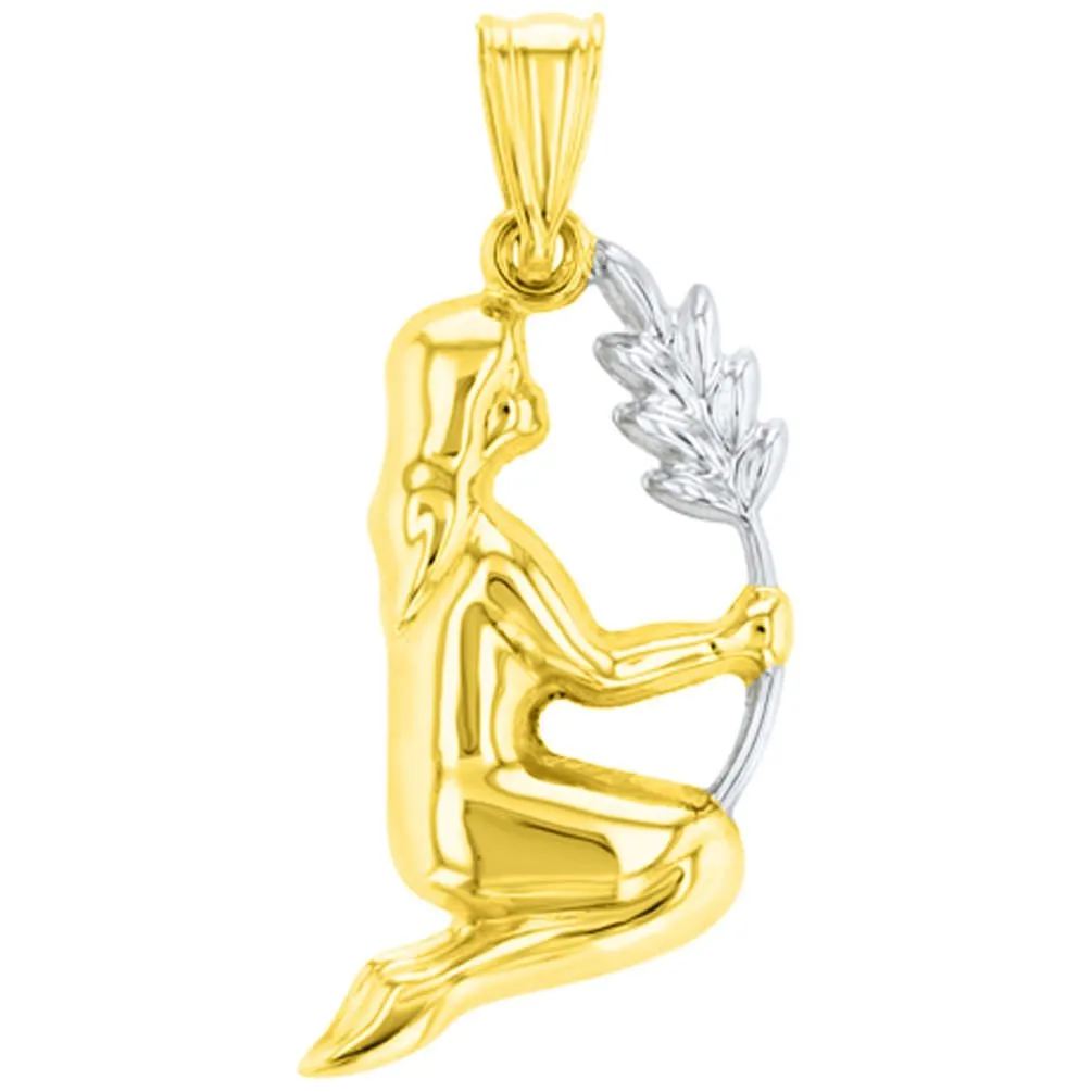 High Polish 14K Gold Virgo Maiden Holding Wheat Zodiac Sign Charm Pendant with Chain Necklace - Yellow Gold