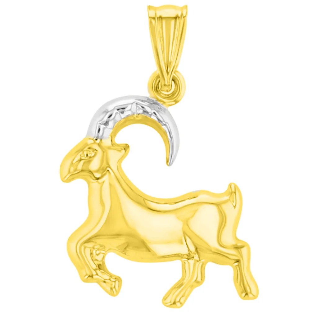 High Polish 14K Yellow Gold Capricorn Zodiac Sign Charm Pendant Figaro Chain Necklace