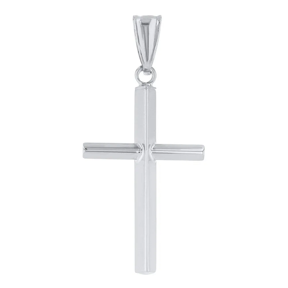 High Polished 14K Gold Plain Slender Cross Pendant with Chain Necklace - White Gold