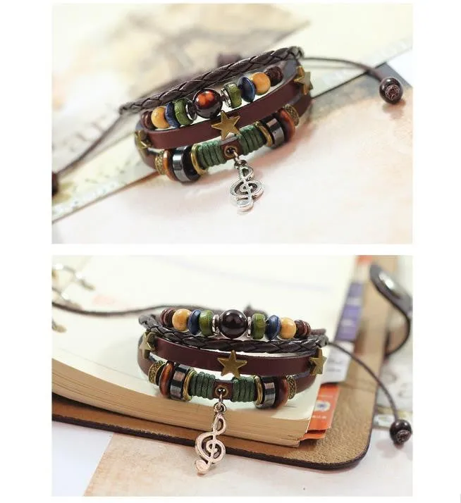 Hot Sale Fashion Multilayer Leather Strap Bracelets & Bangles Vintage Three Stars Musical Note Pendant Bracelet For Women Men