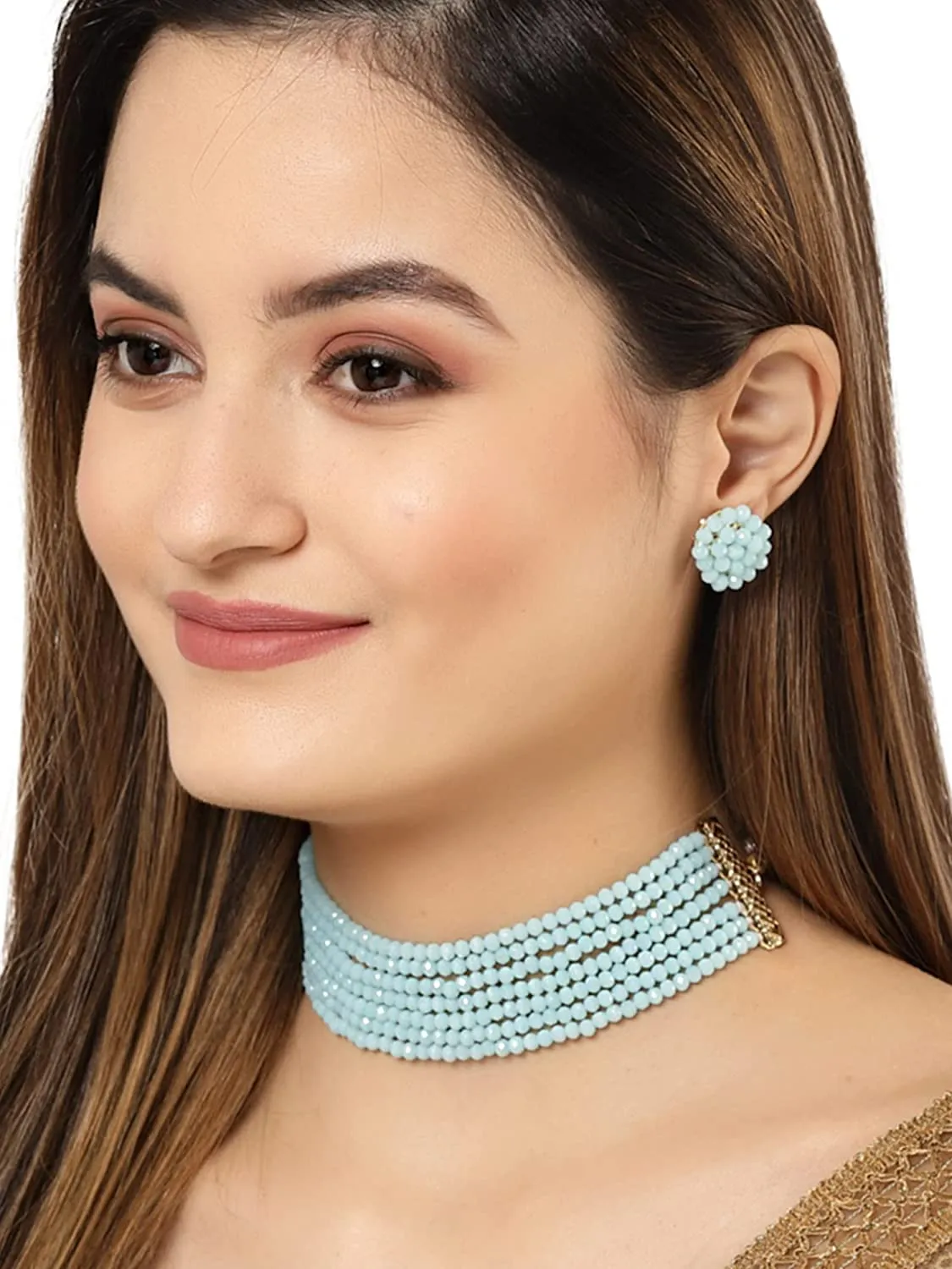 Karatcart Aqua Crystal Beaded Choker Necklace Setfor Women