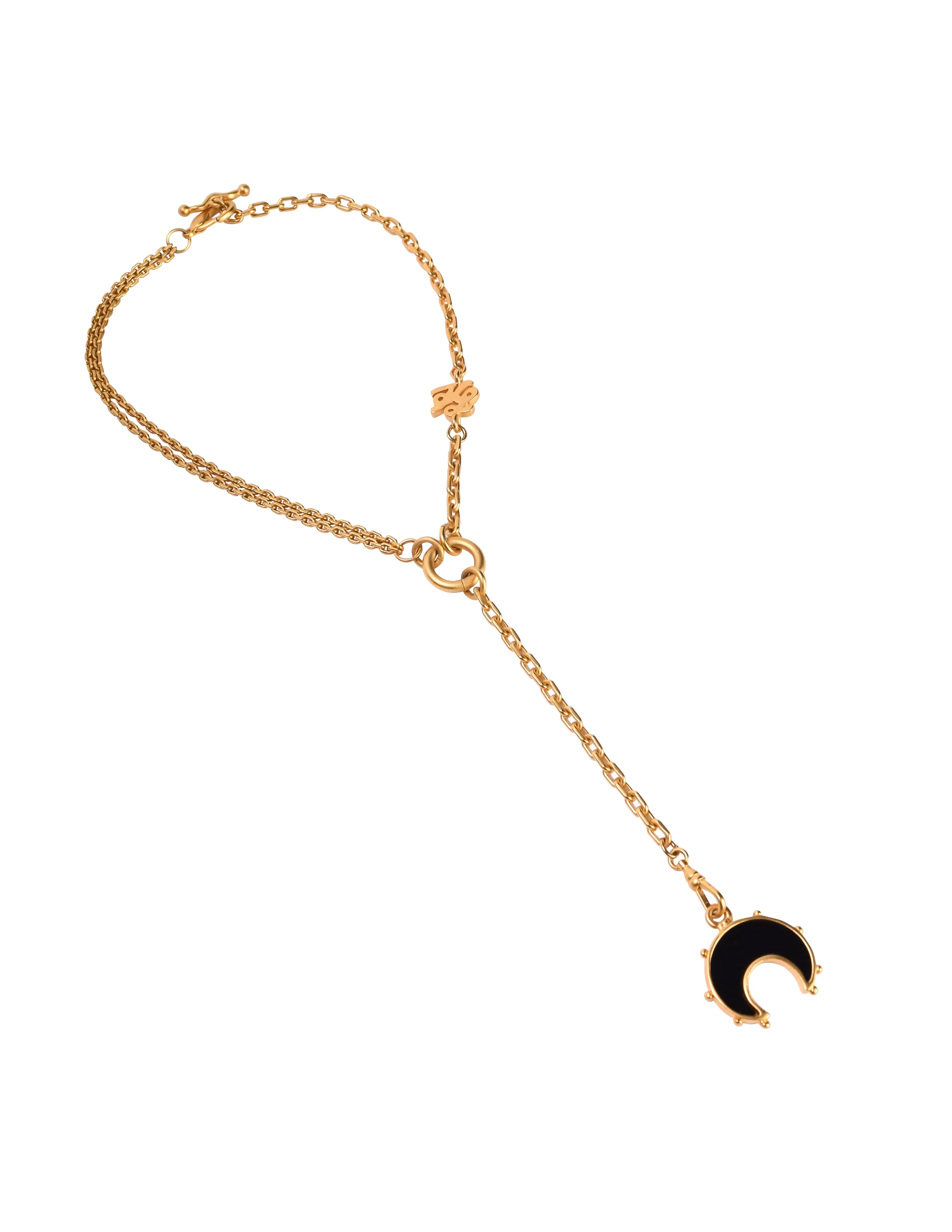 Karl Lagerfeld Vintage Brushed Gold Black Glass Moon Lariat Necklace