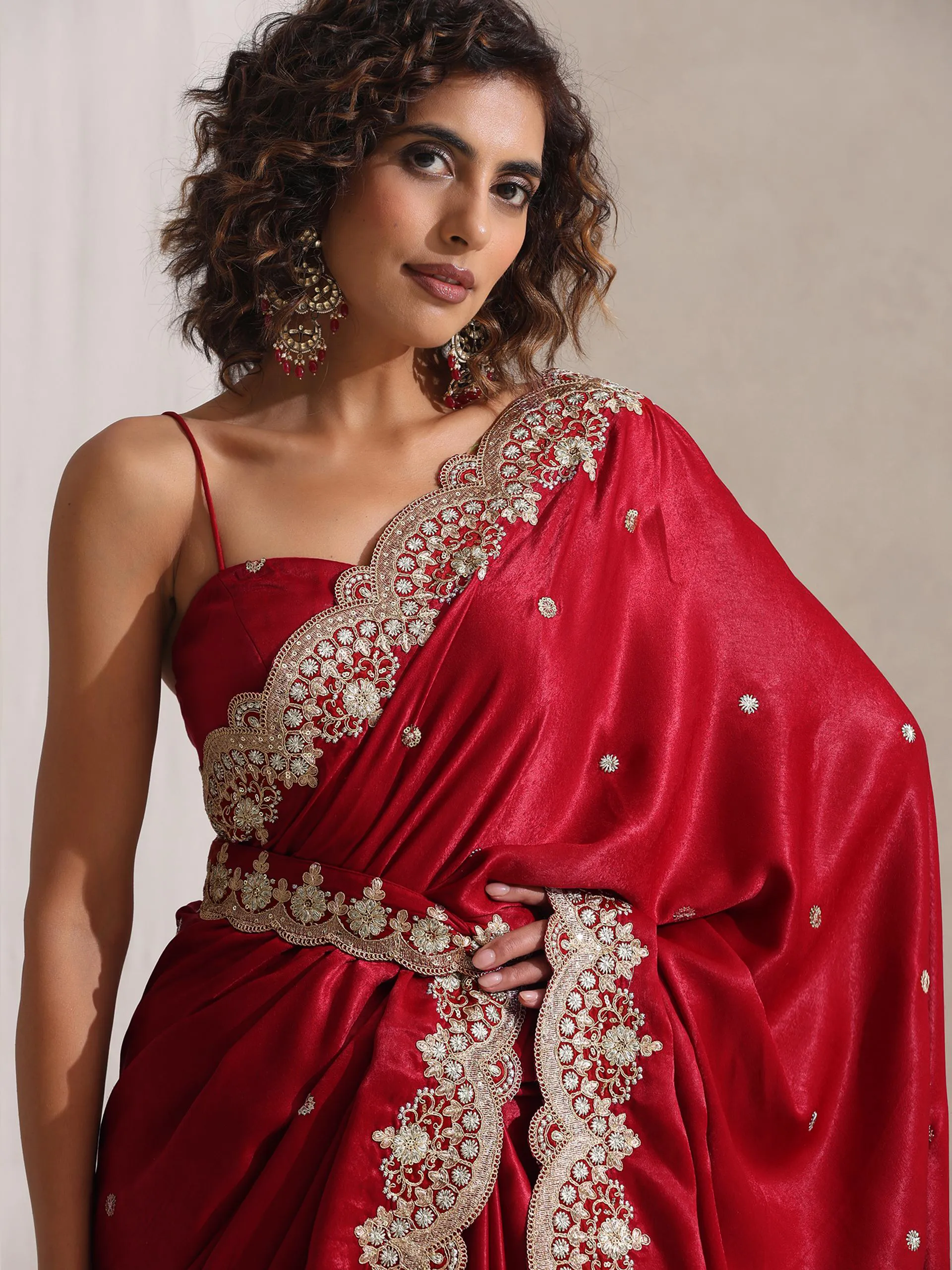 Lacquered Red Posh Velvety Saree with Embroidery and Blouse Fabric