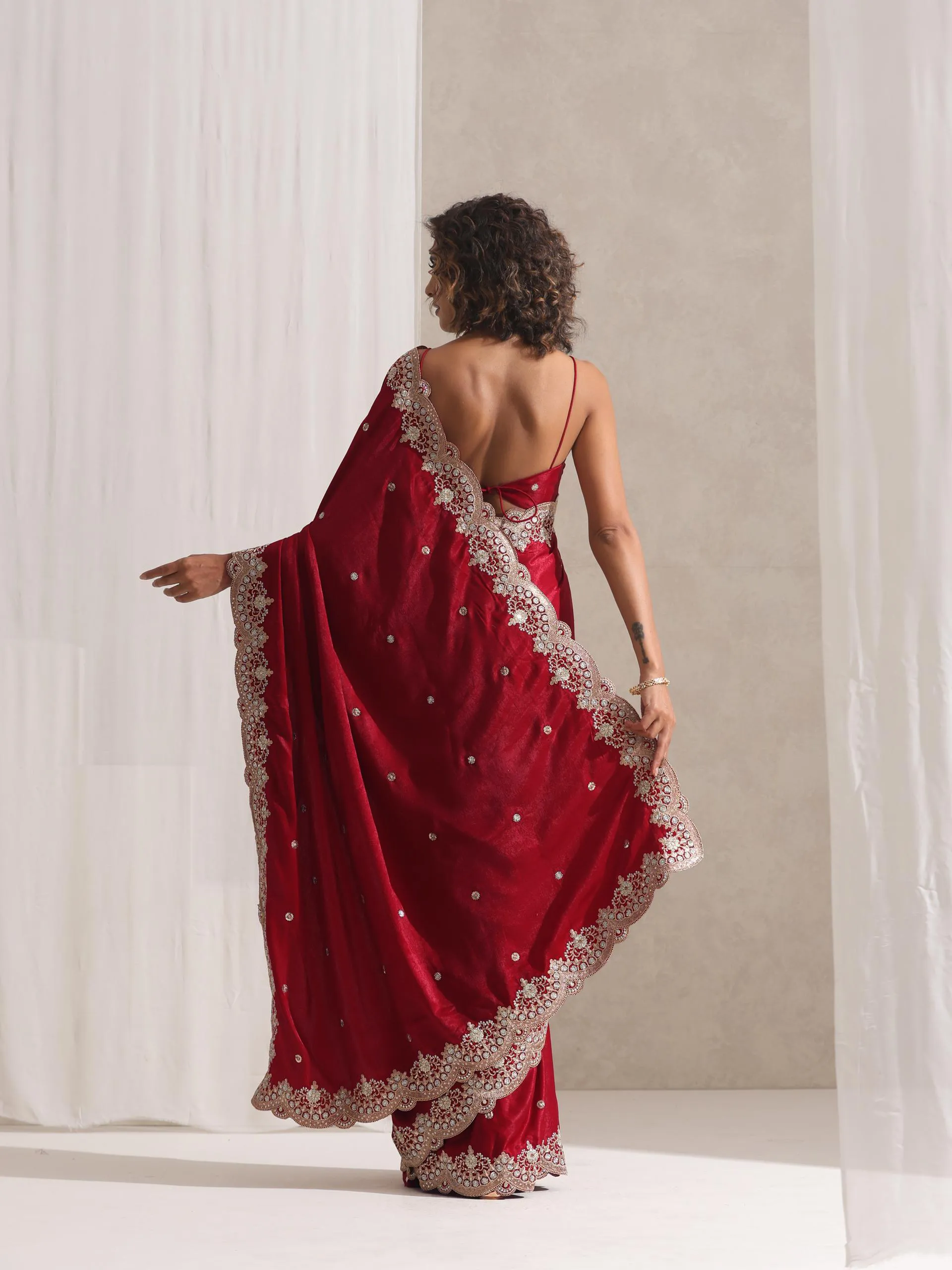 Lacquered Red Posh Velvety Saree with Embroidery and Blouse Fabric