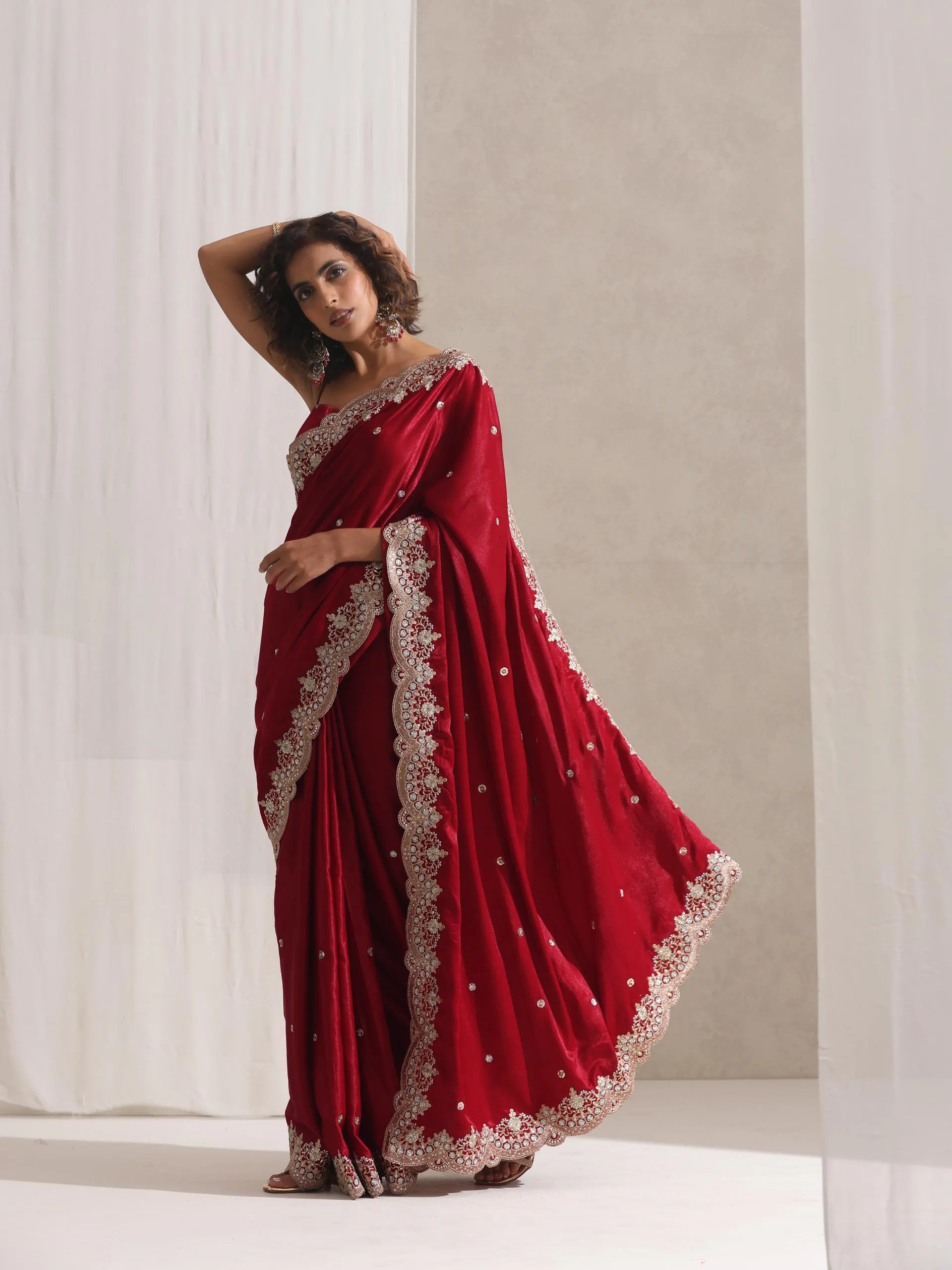 Lacquered Red Posh Velvety Saree with Embroidery and Blouse Fabric