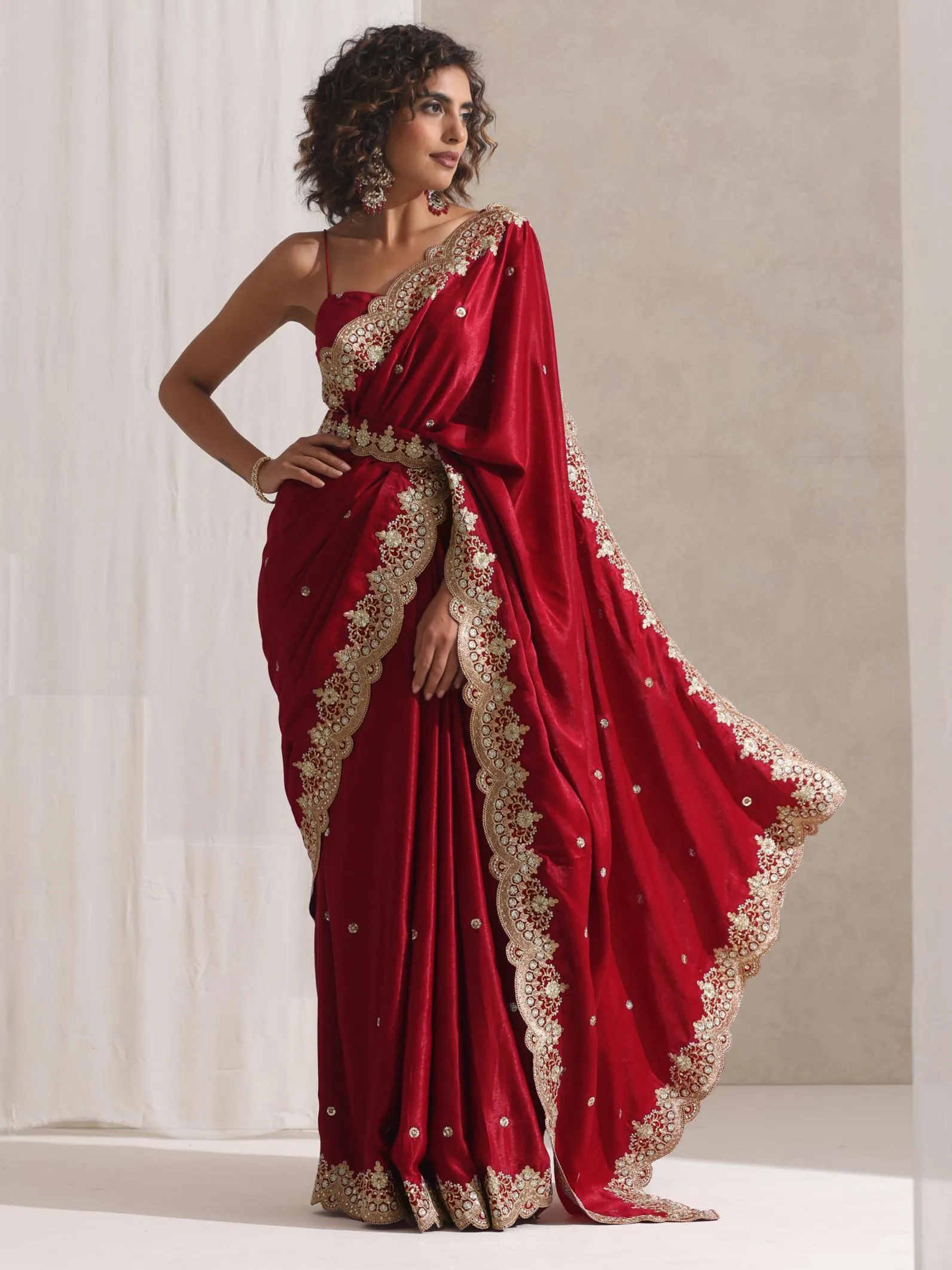 Lacquered Red Posh Velvety Saree with Embroidery and Blouse Fabric