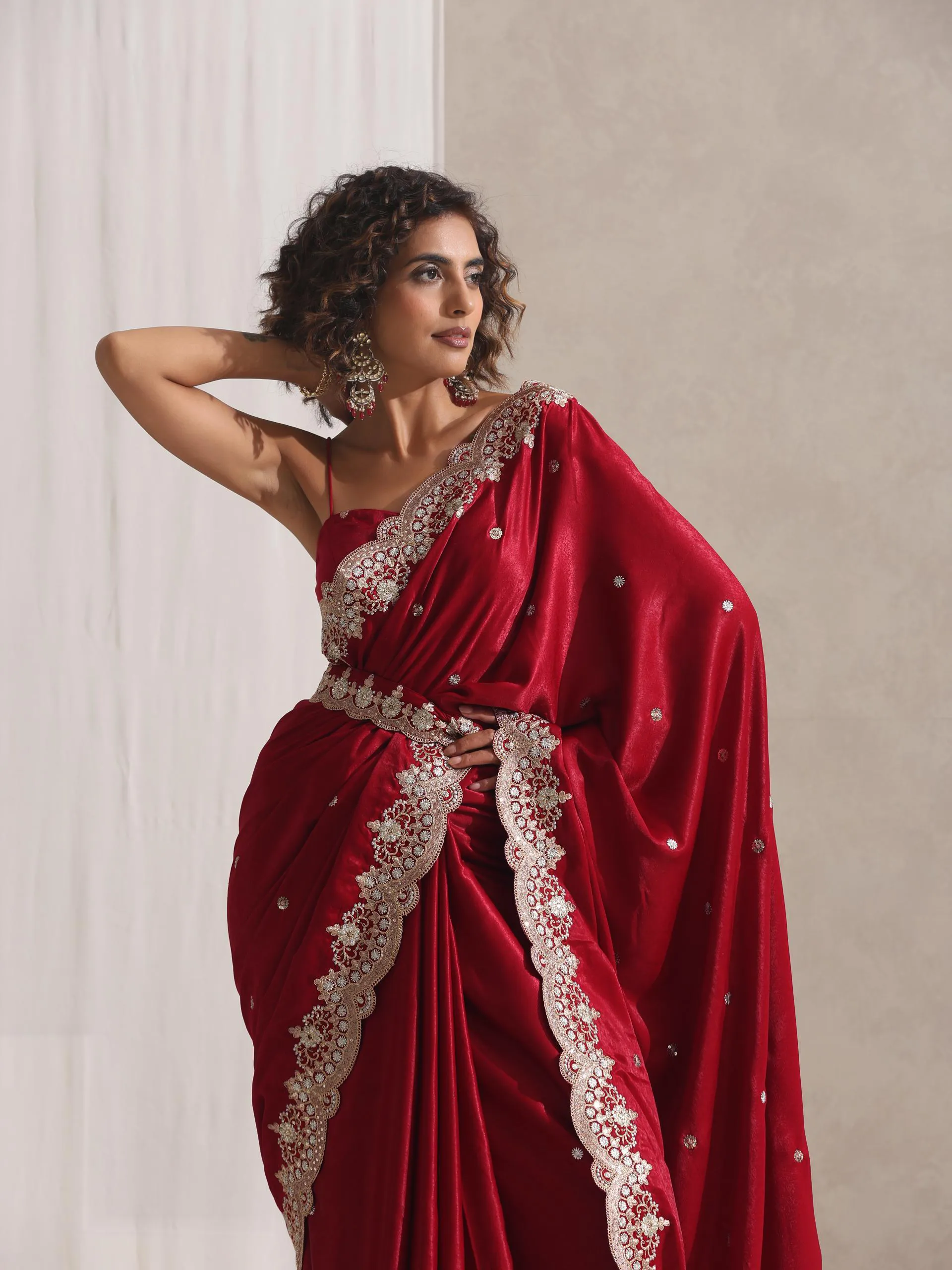 Lacquered Red Posh Velvety Saree with Embroidery and Blouse Fabric